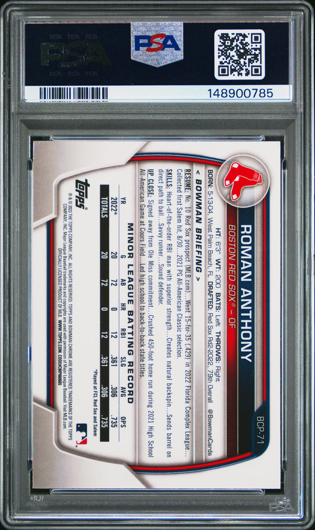2023 Bowman Chrome Prospects #BCP71 Roman Anthony Chrome Prospects PSA 9