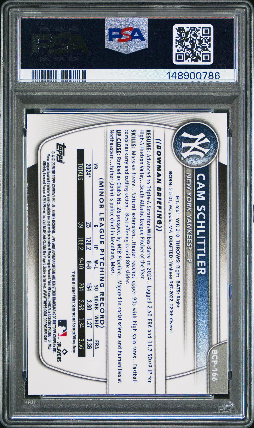 2025 Bowman Chrome Prospects #BCP166 Cam Schlittler Prospects PSA 9