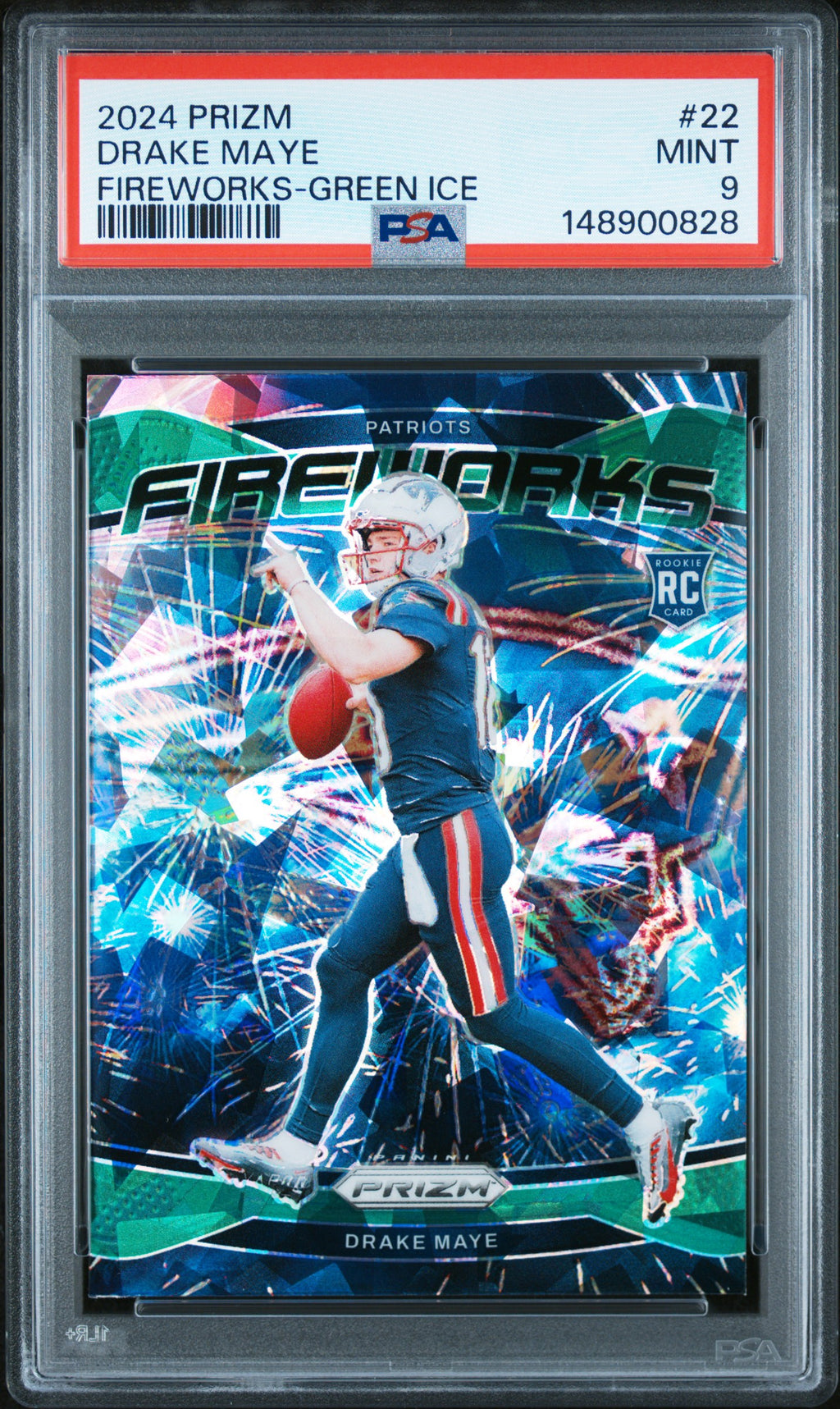 2024 Panini Prizm Fireworks #22 Drake Maye Fireworks-Green Ice PSA 9