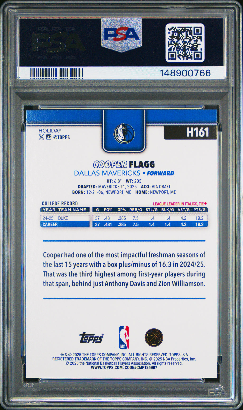 2025 Topps Holiday #H161 Cooper Flagg PSA 10