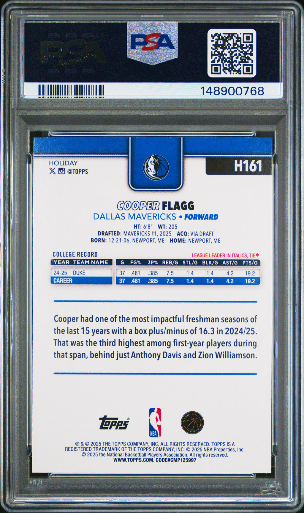 2025 Topps Holiday #H161 Cooper Flagg PSA 10