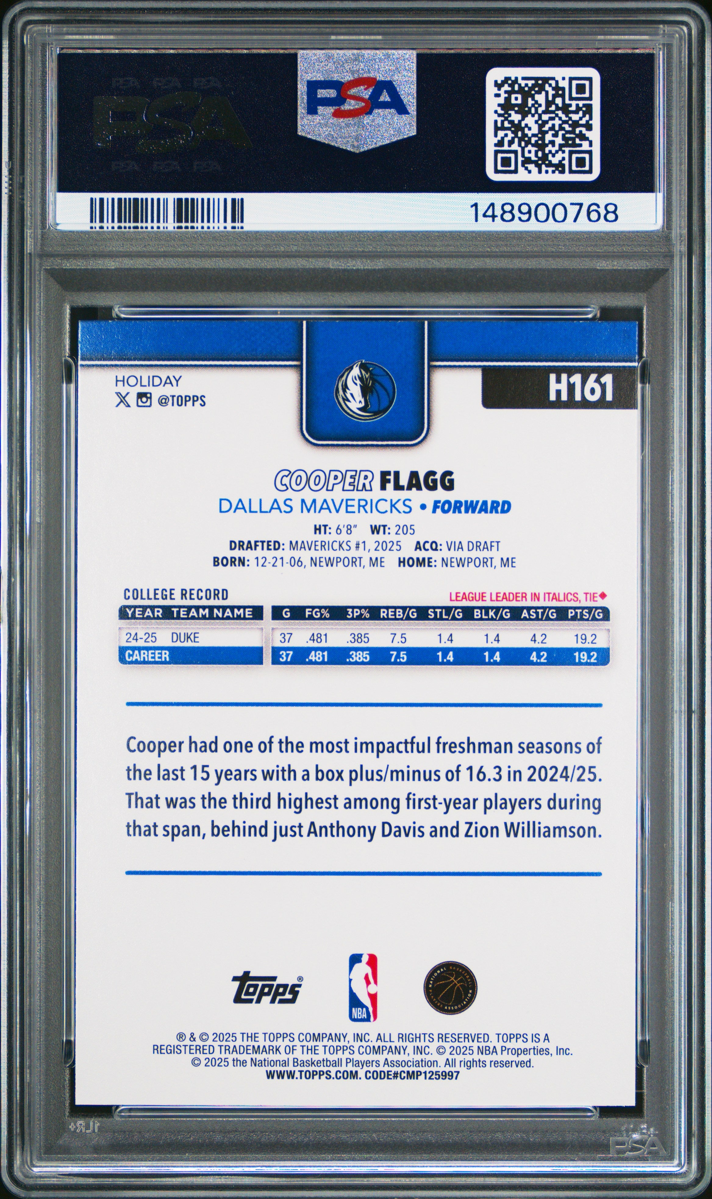 2025 Topps Holiday #H161 Cooper Flagg PSA 10