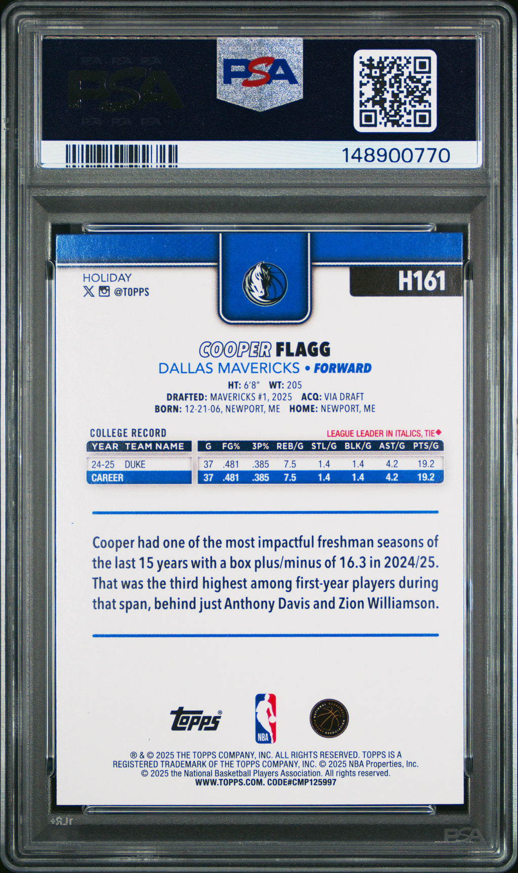 2025 Topps Holiday #H161 Cooper Flagg PSA 10