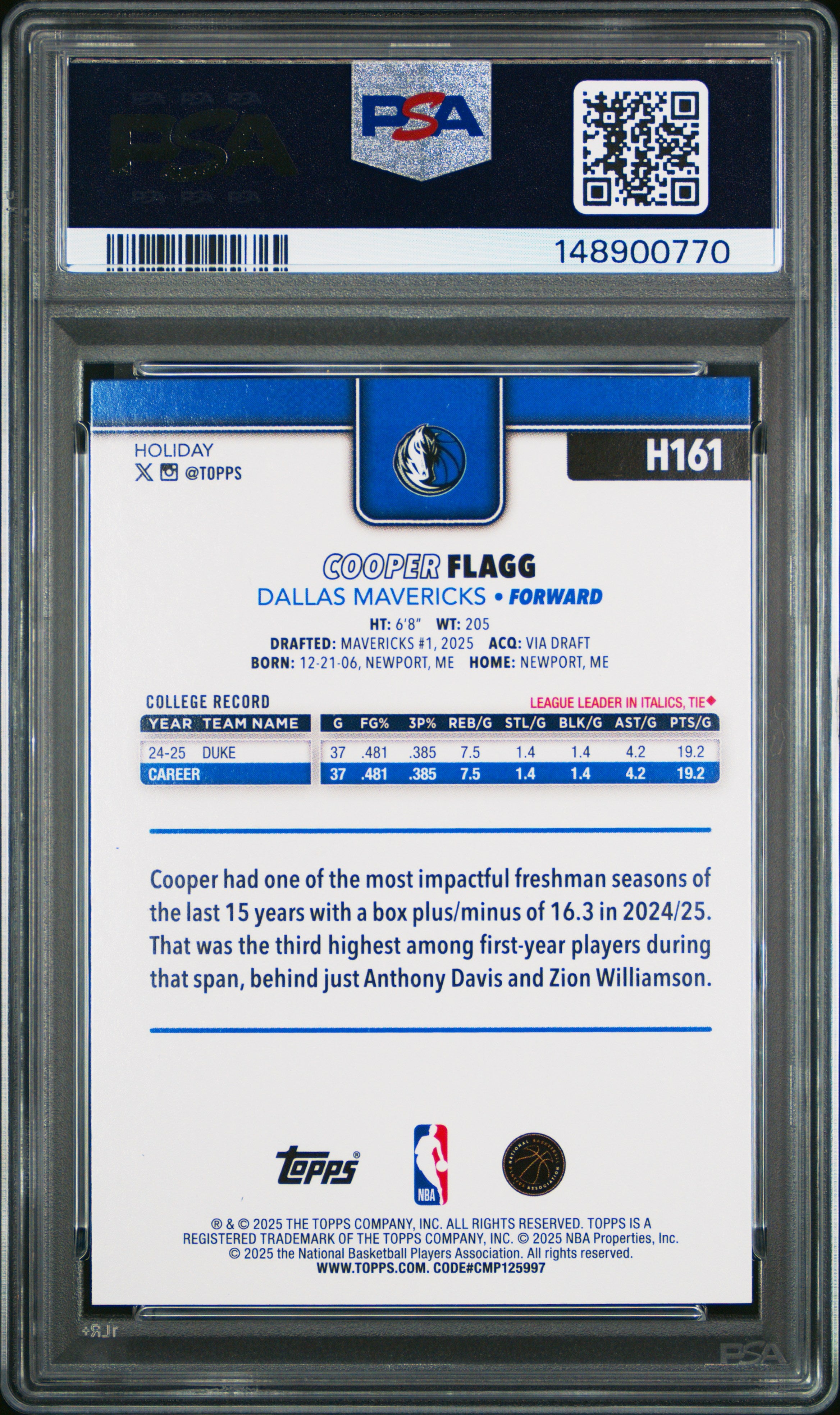 2025 Topps Holiday #H161 Cooper Flagg PSA 10