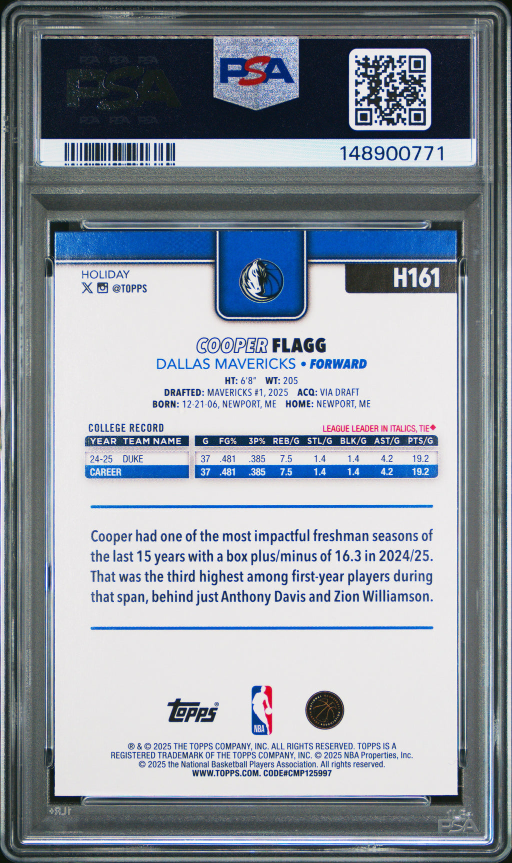 2025 Topps Holiday #H161 Cooper Flagg PSA 10
