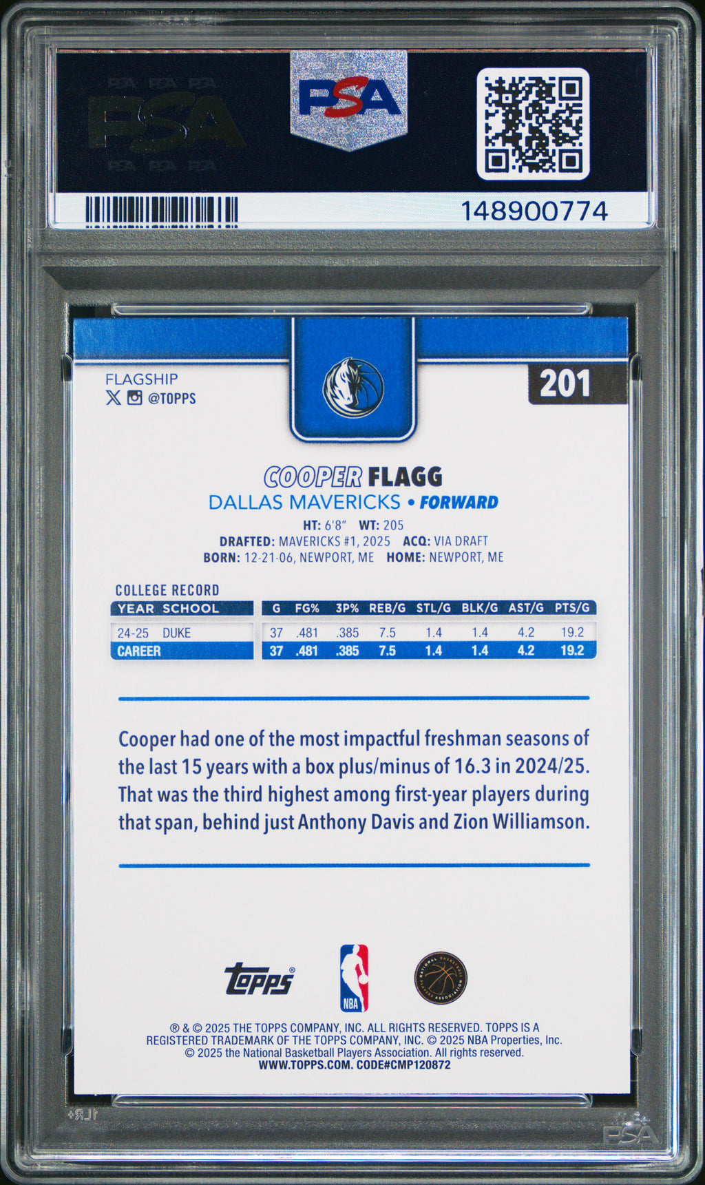 2025 Topps #201 Cooper Flagg PSA 9