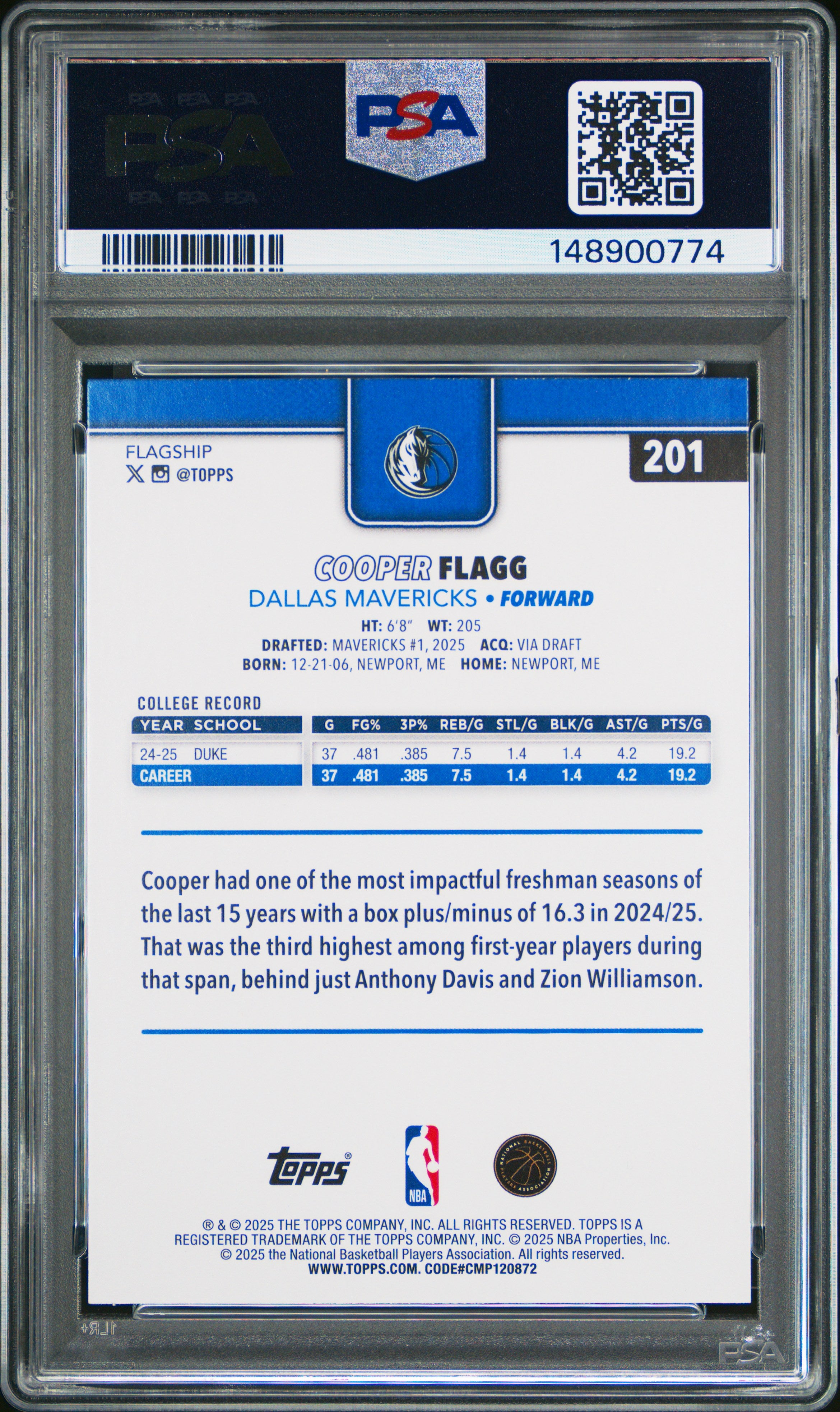 2025 Topps #201 Cooper Flagg PSA 9