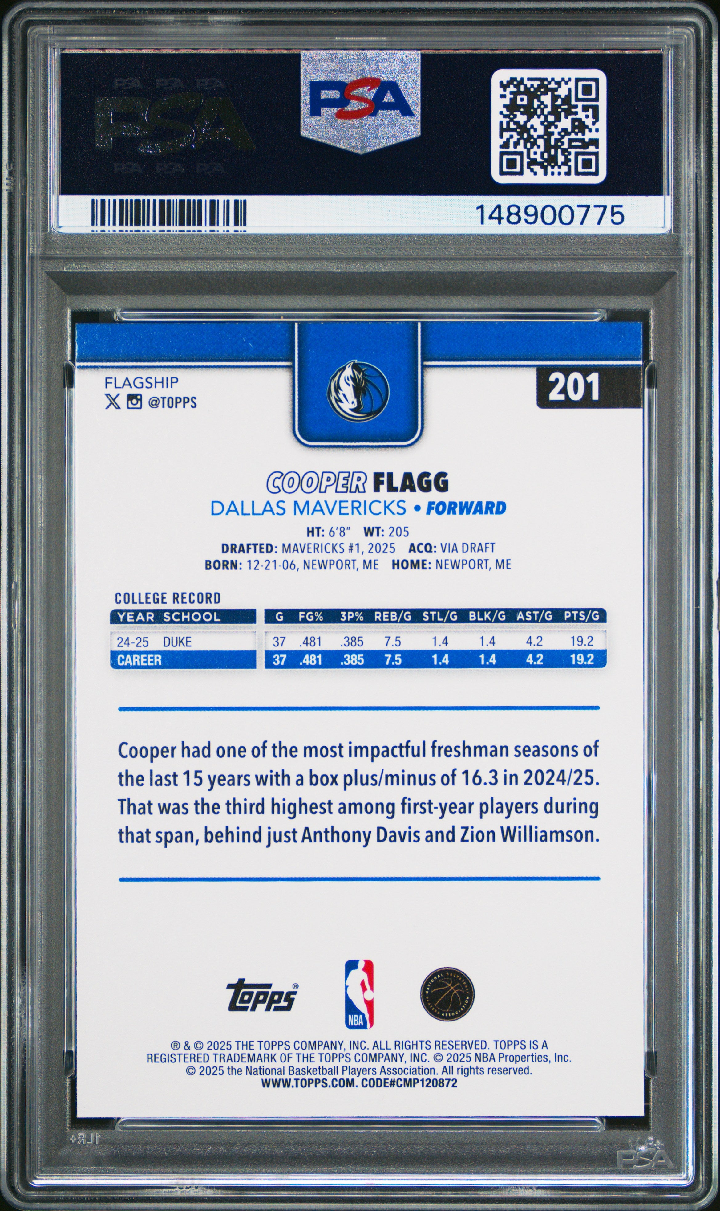2025 Topps #201 Cooper Flagg PSA 10