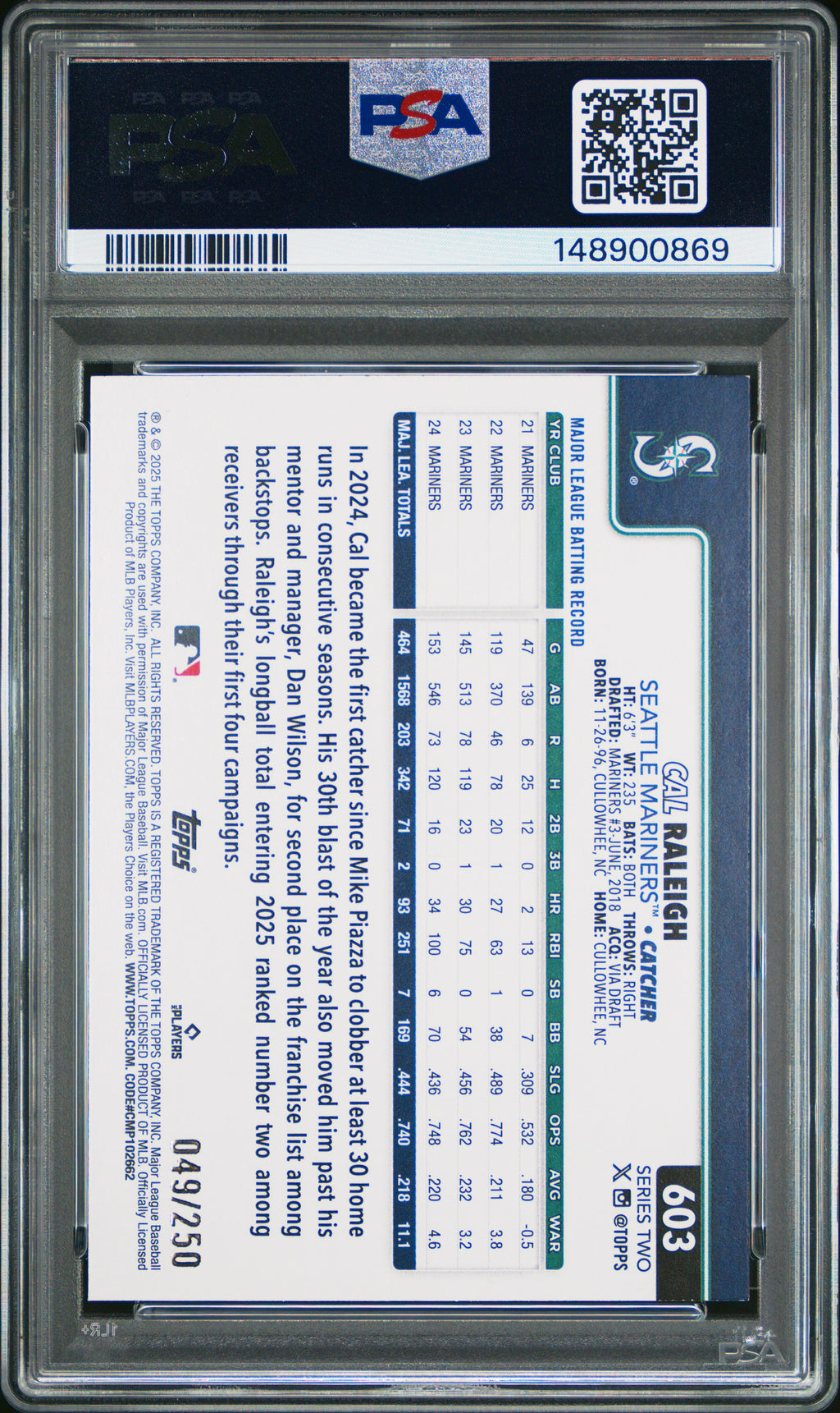 2025 Topps #603 Cal Raleigh Purple Rainbow Foil PSA 6