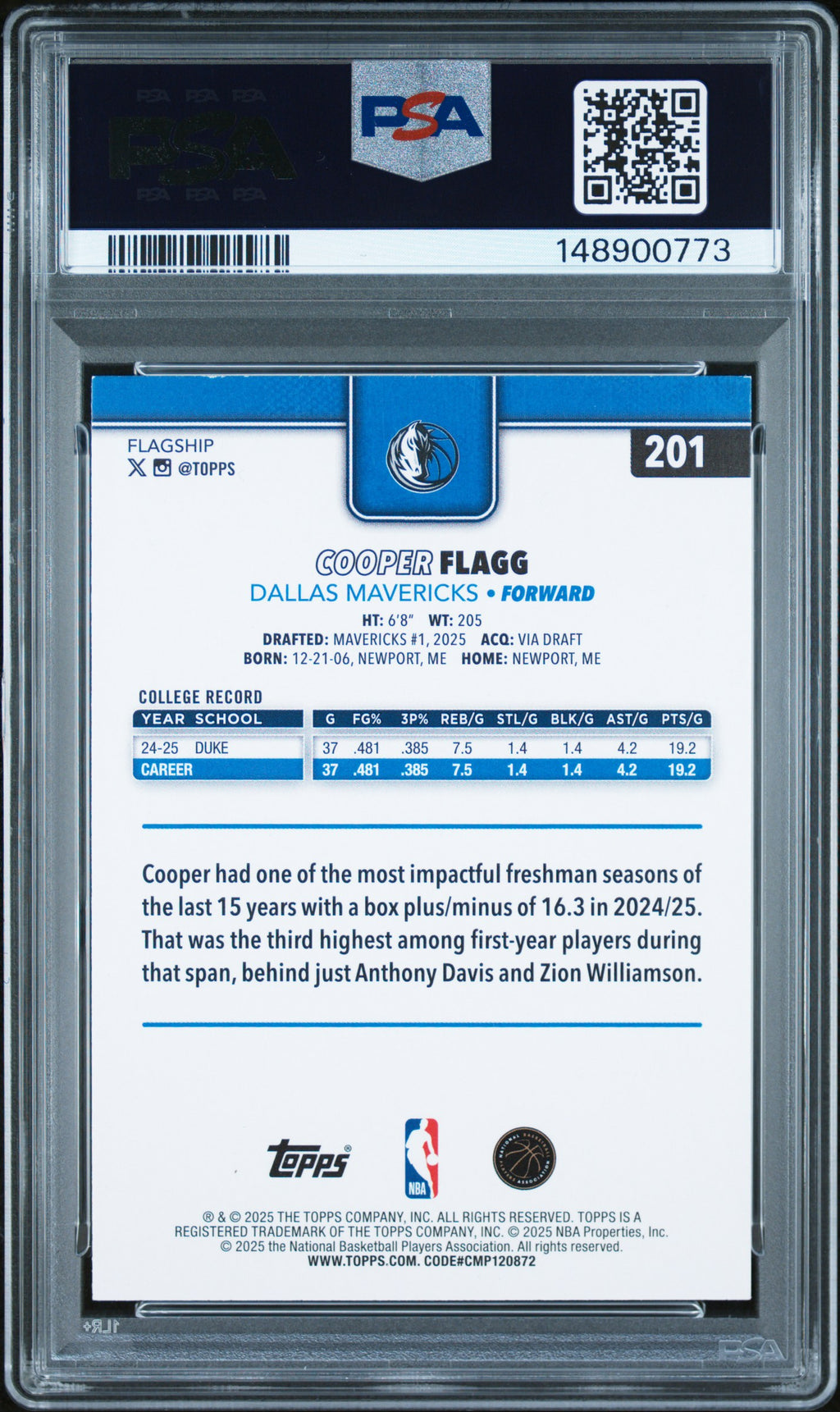 2025 Topps #201 Cooper Flagg PSA 8