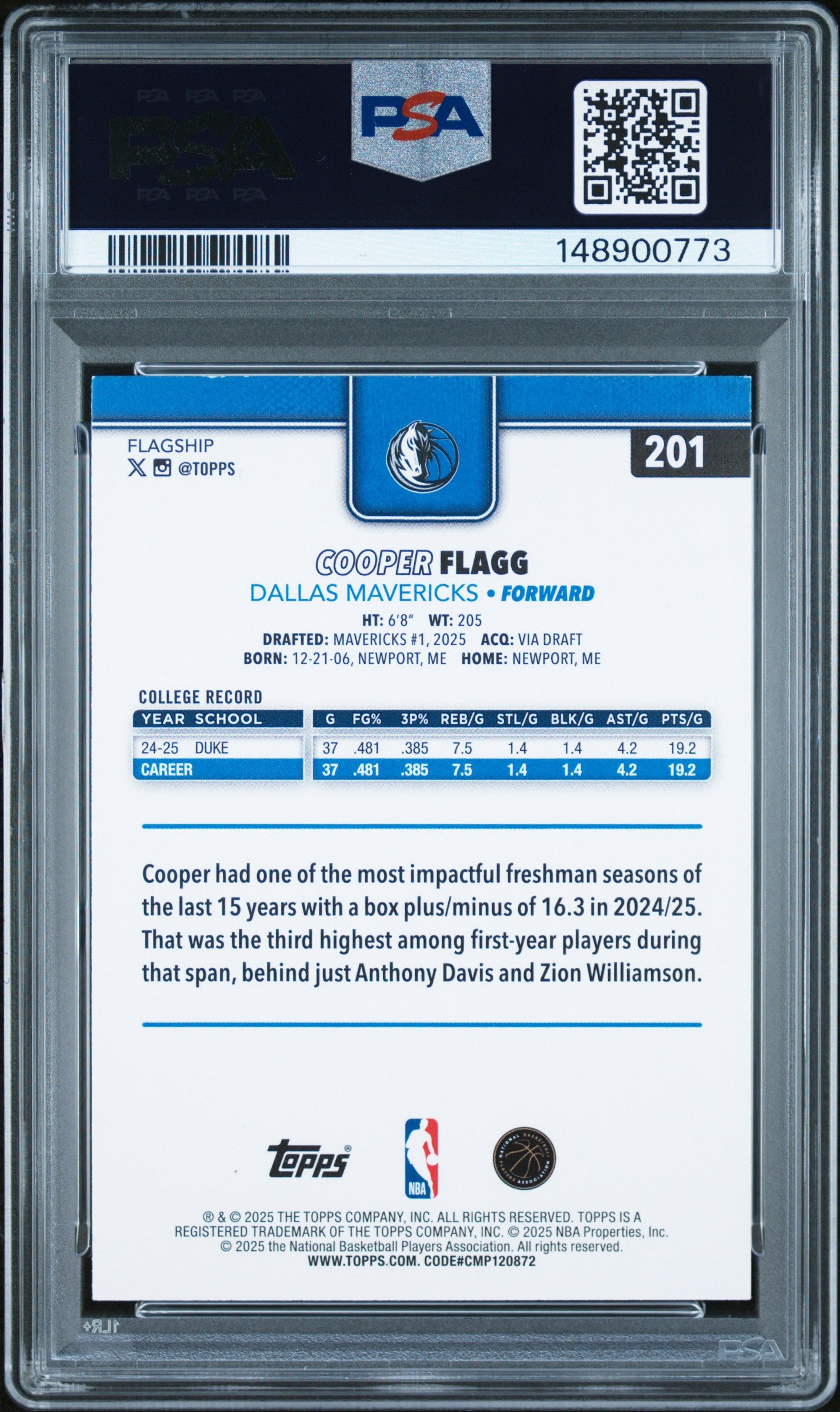 2025 Topps #201 Cooper Flagg PSA 8