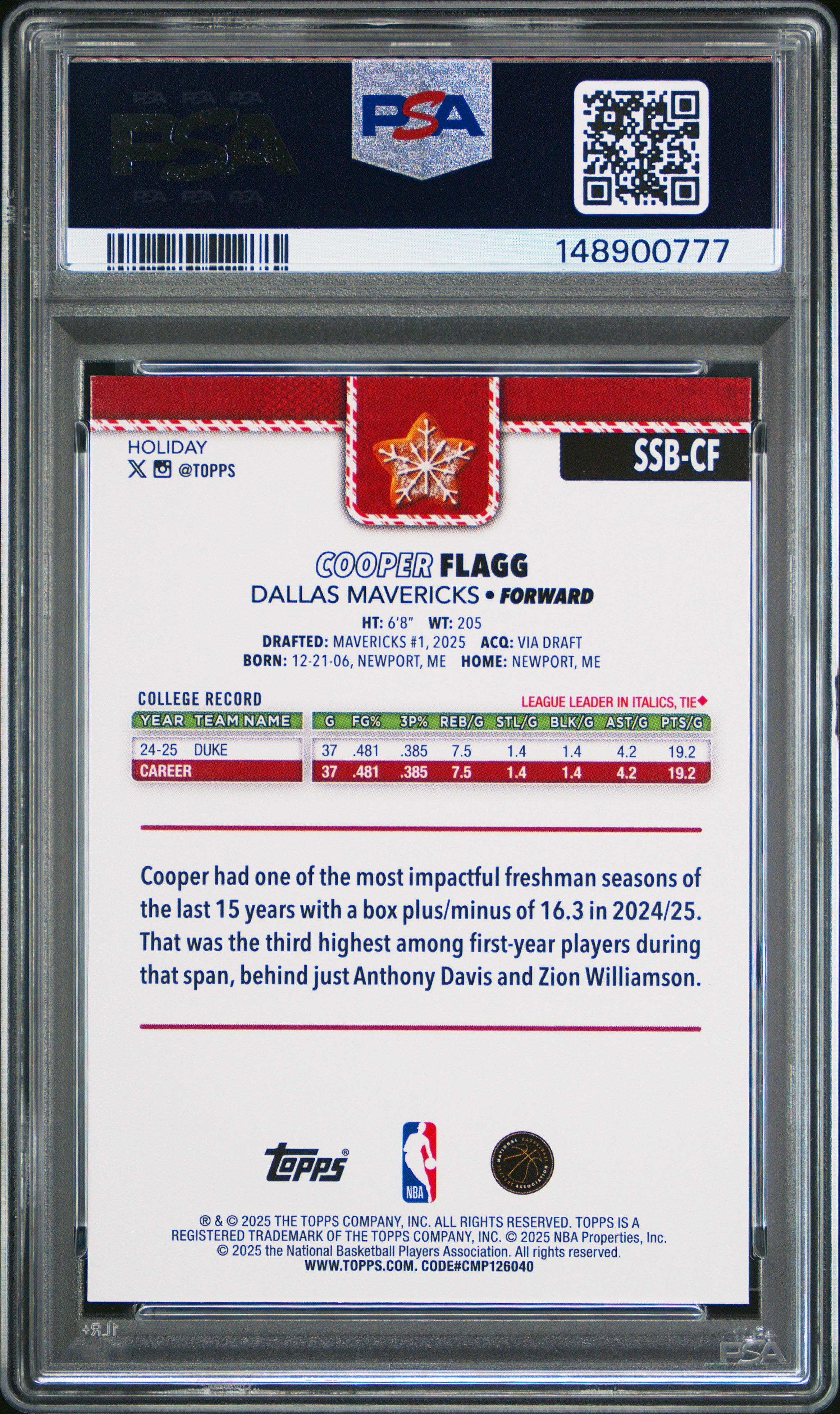 2025 Topps Holiday Variation Super Short Prints #SSB-CF Cooper Flagg PSA 9
