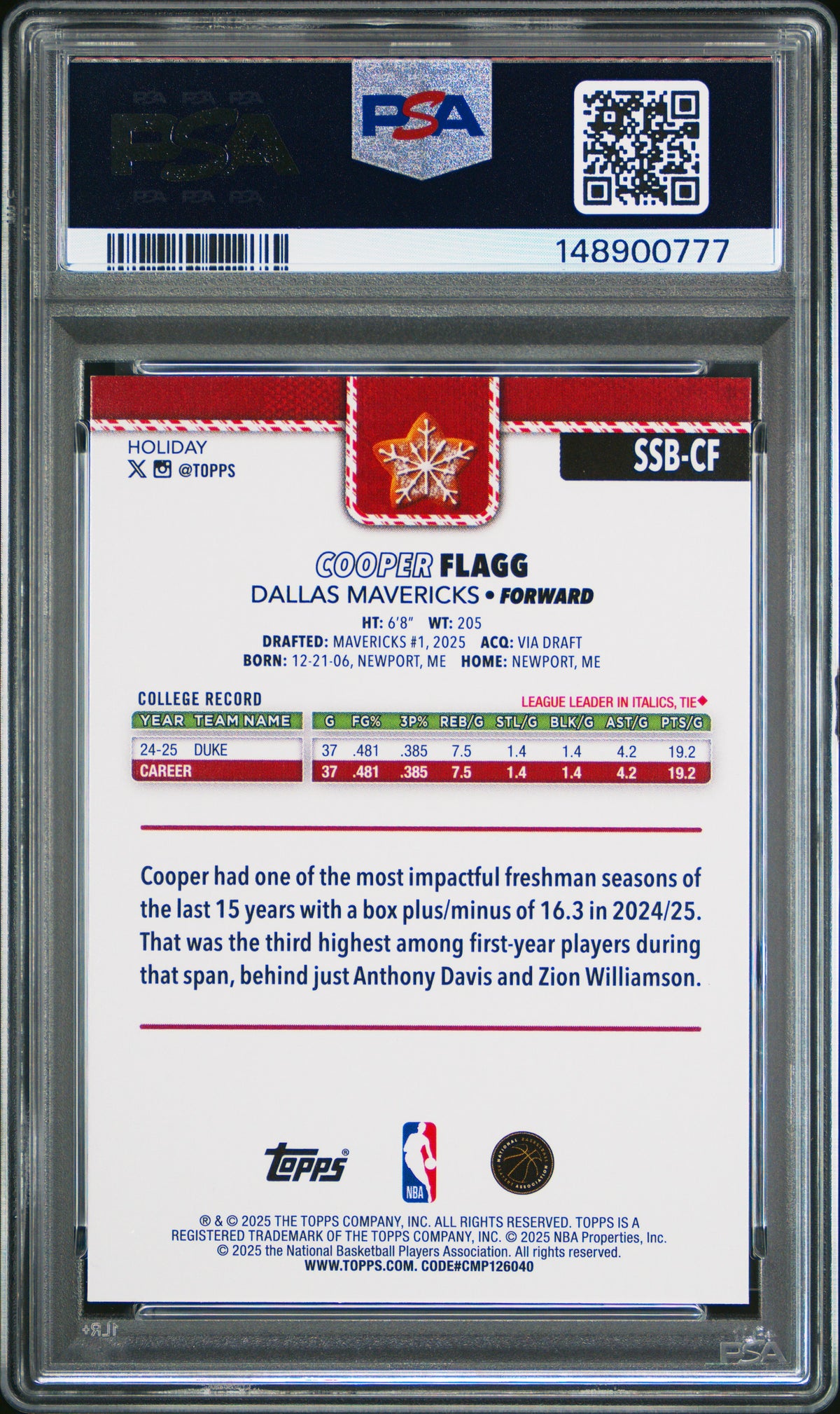 2025 Topps Holiday Variation Super Short Prints #SSB-CF Cooper Flagg PSA 9