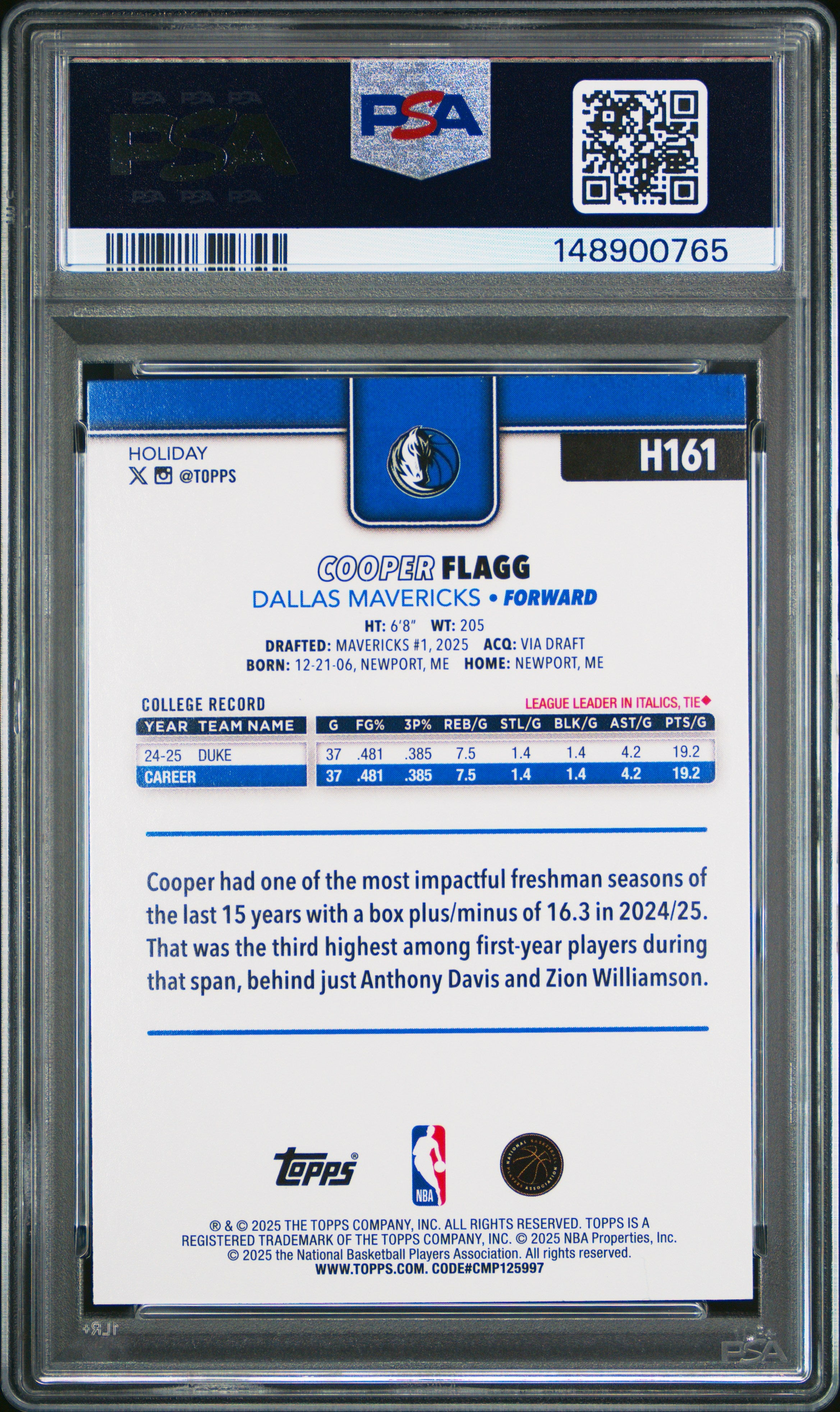 2025 Topps Holiday #H161 Cooper Flagg PSA 9
