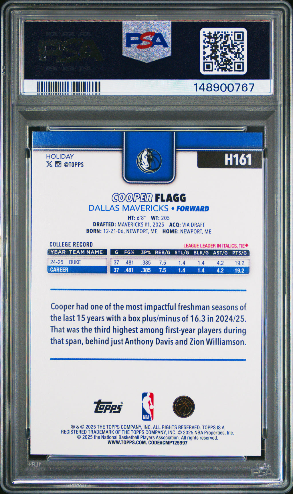 2025 Topps Holiday #H161 Cooper Flagg PSA 9