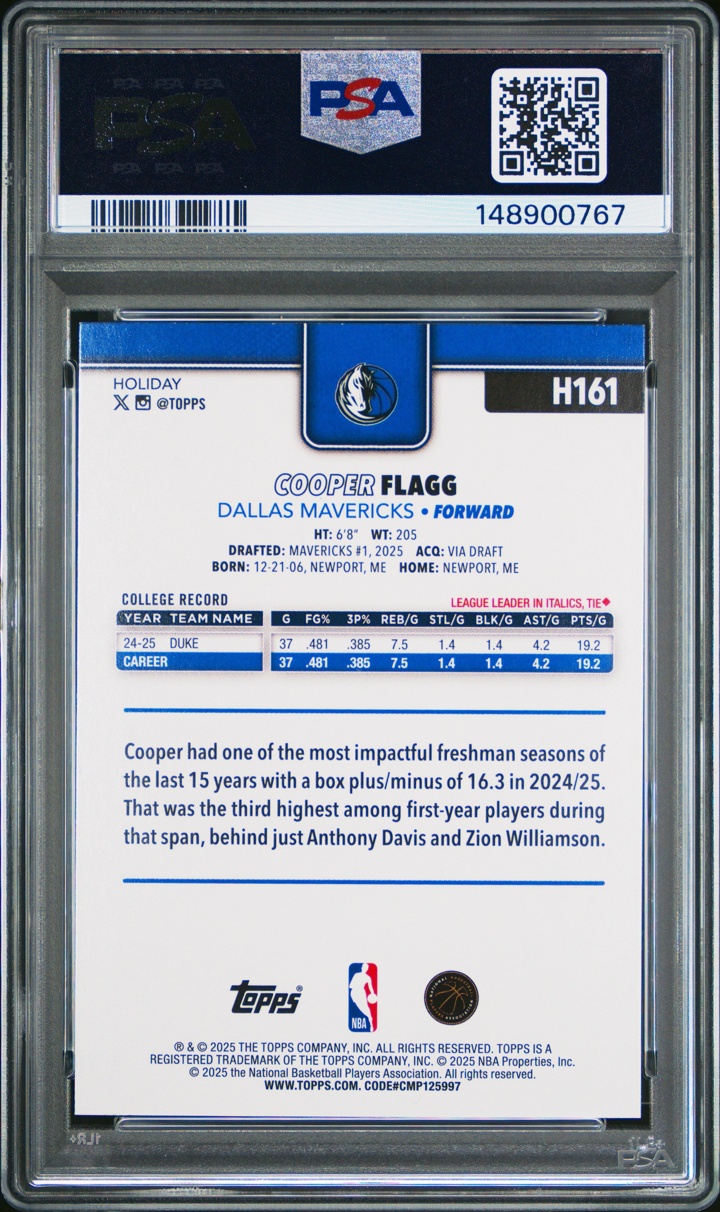 2025 Topps Holiday #H161 Cooper Flagg PSA 9