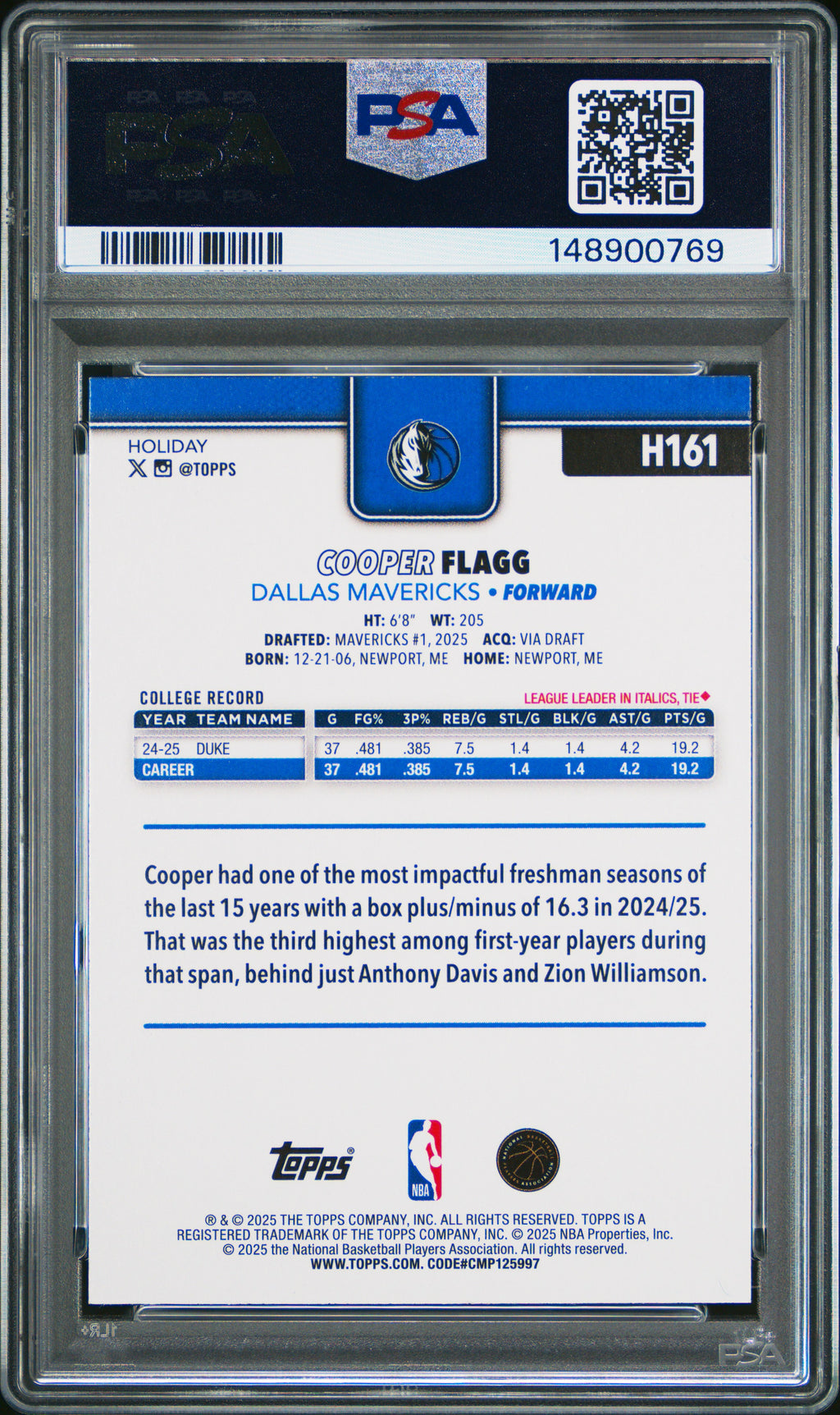 2025 Topps Holiday #H161 Cooper Flagg PSA 9