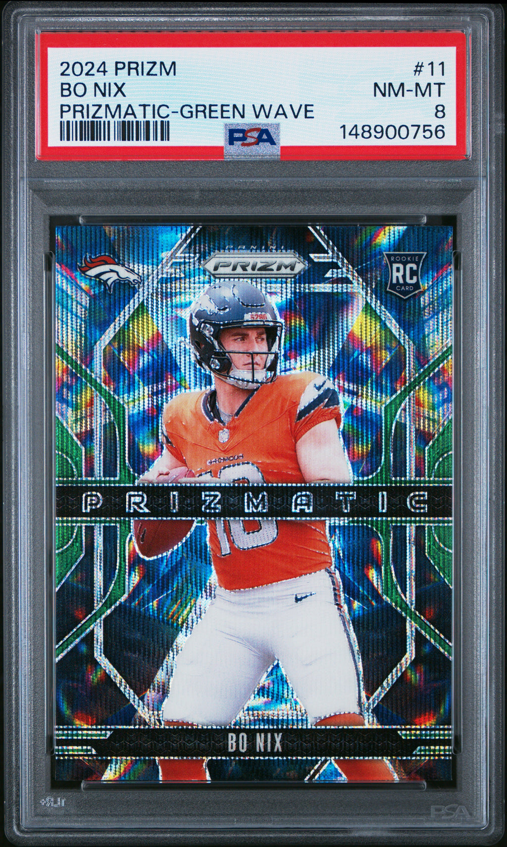 2024 Panini Prizm Prizmatic #11 Bo Nix Prizmatic-Green Wave PSA 8