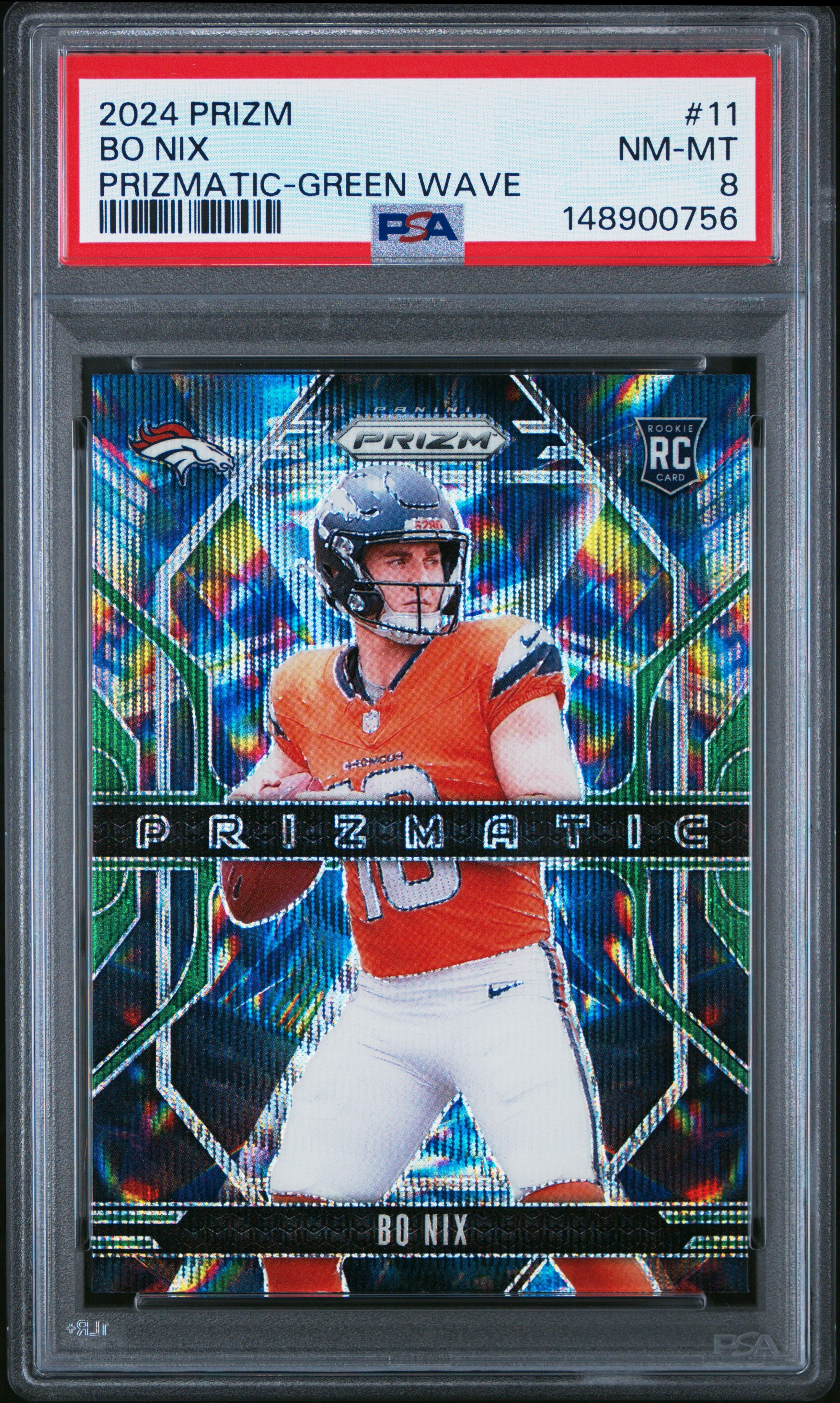 2024 Panini Prizm Prizmatic #11 Bo Nix Prizmatic-Green Wave PSA 8