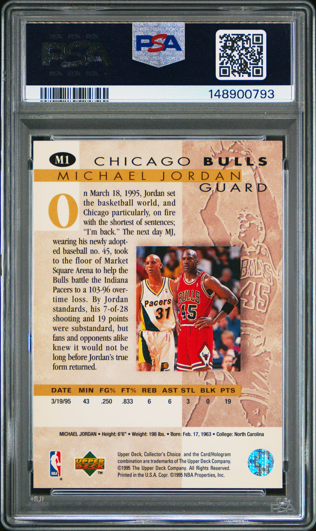 1995 Collector'S Choice Jordan-He'S Back #M1 Michael Jordan He'S Back PSA 8