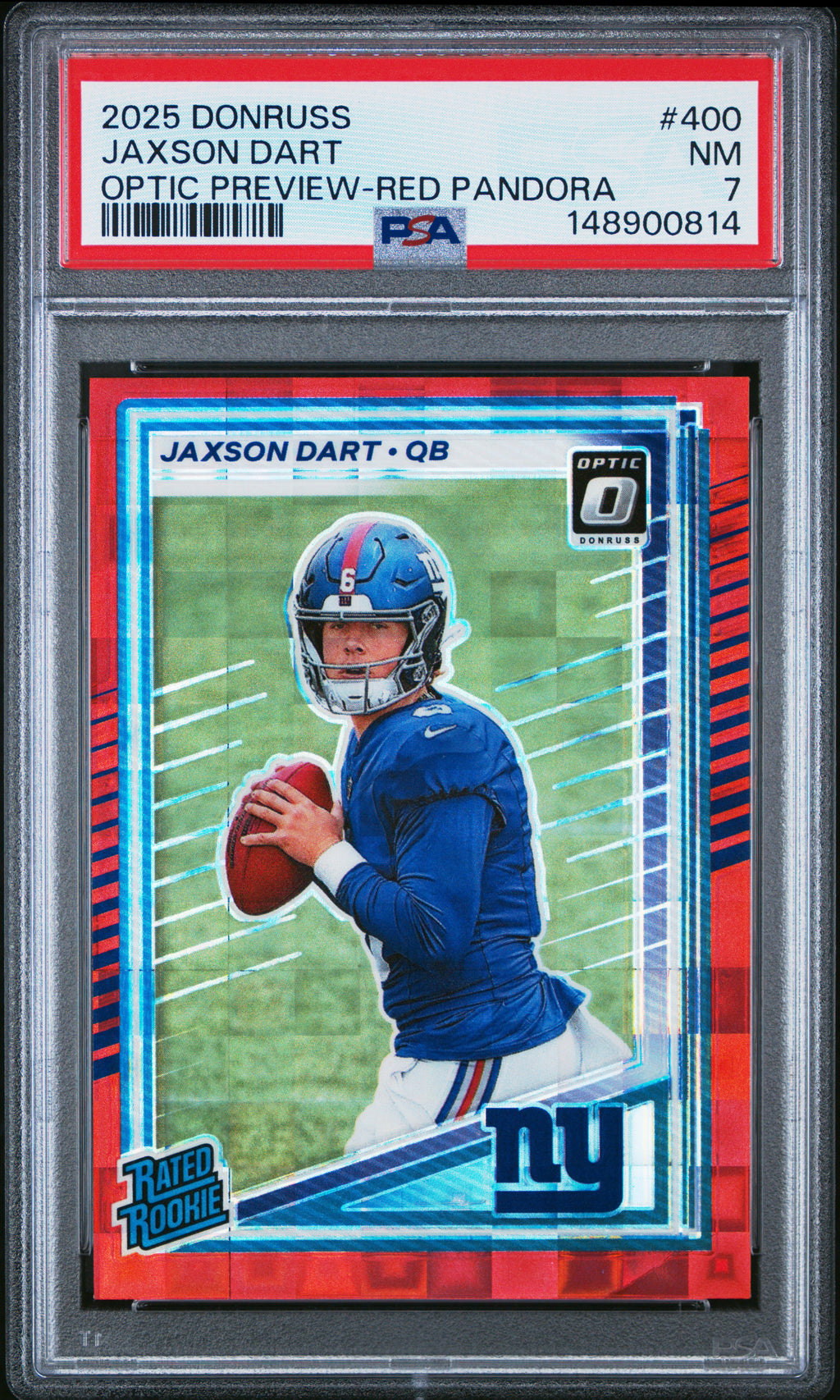 2025 Panini Donruss #400 Jaxson Dart Optic Preview-Red Pandora PSA 7