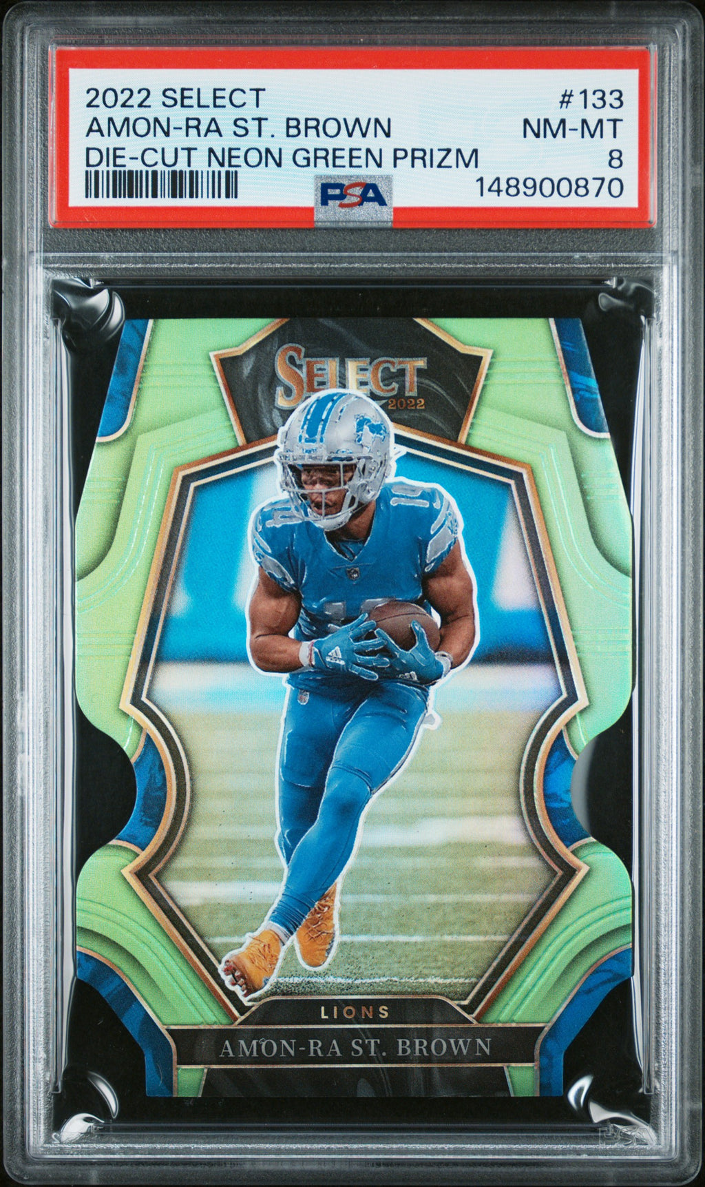 2022 Panini Select #133 Amon-Ra St. Brown Die-Cut Neon Green Prizm PSA 8