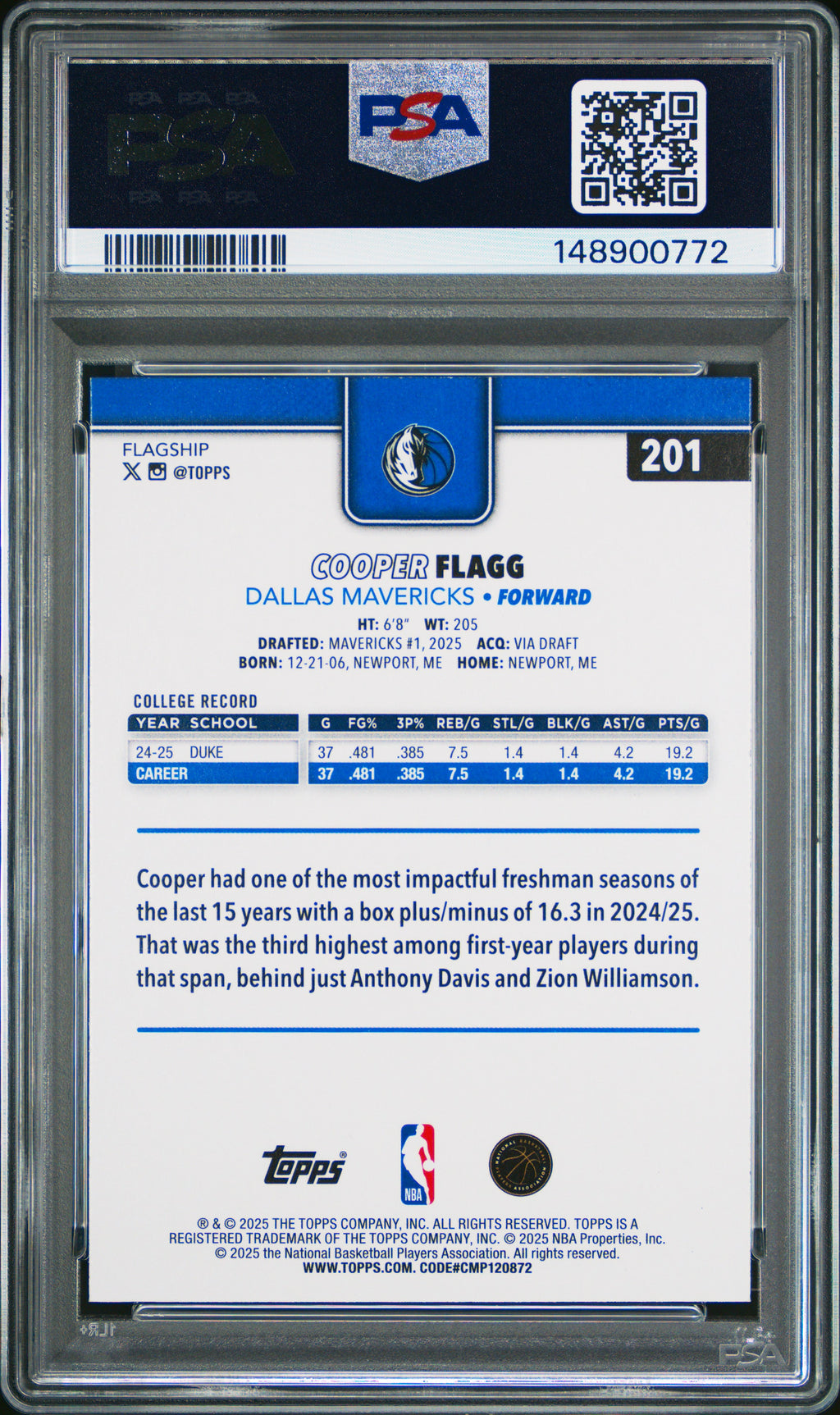 2025 Topps #201 Cooper Flagg PSA 9