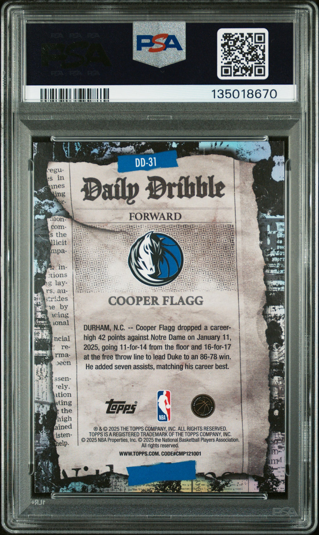 2025 Topps The Daily Dribble #DD-31 Cooper Flagg PSA 9