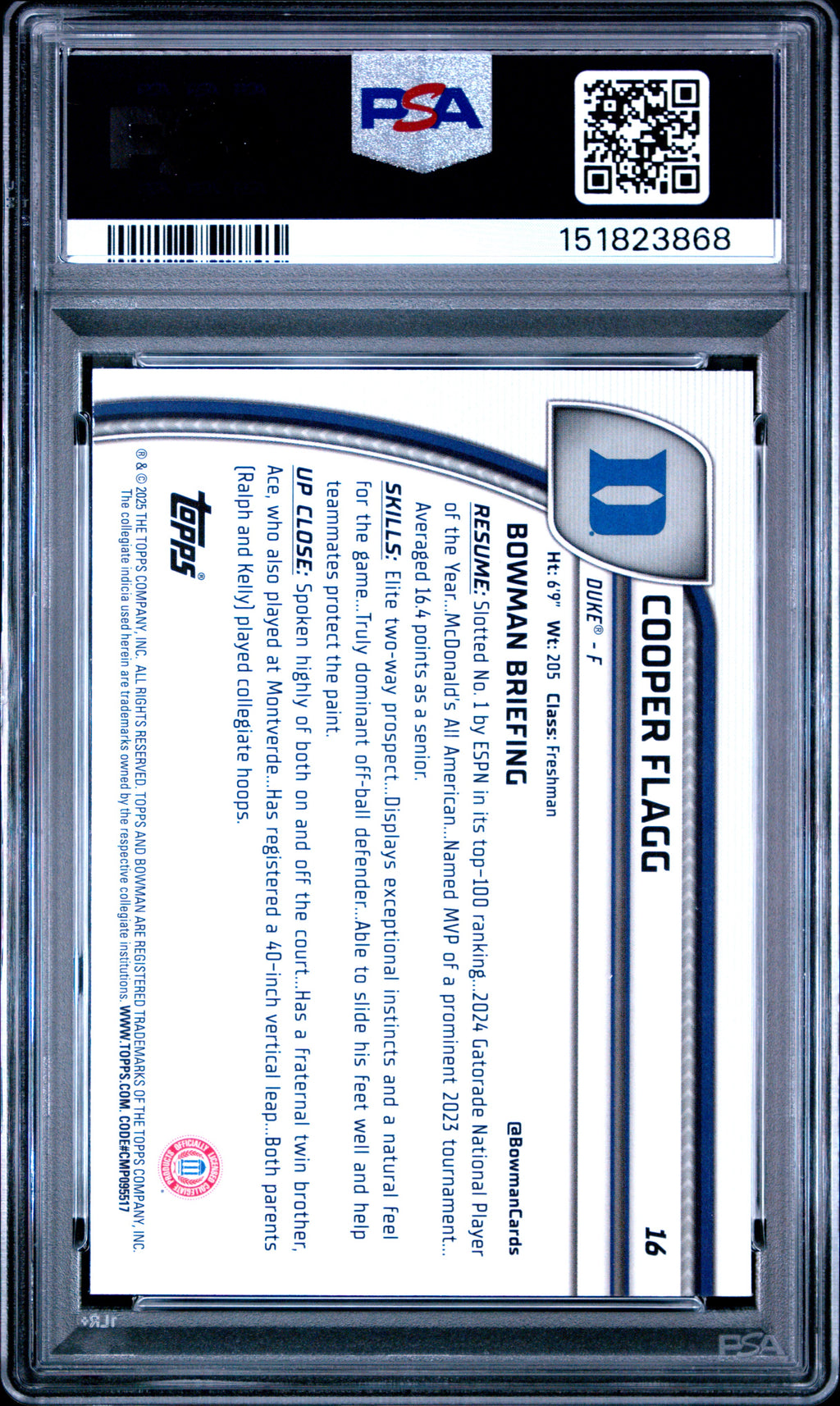 2024 Bowman Chrome University #16 Cooper Flagg PSA 6