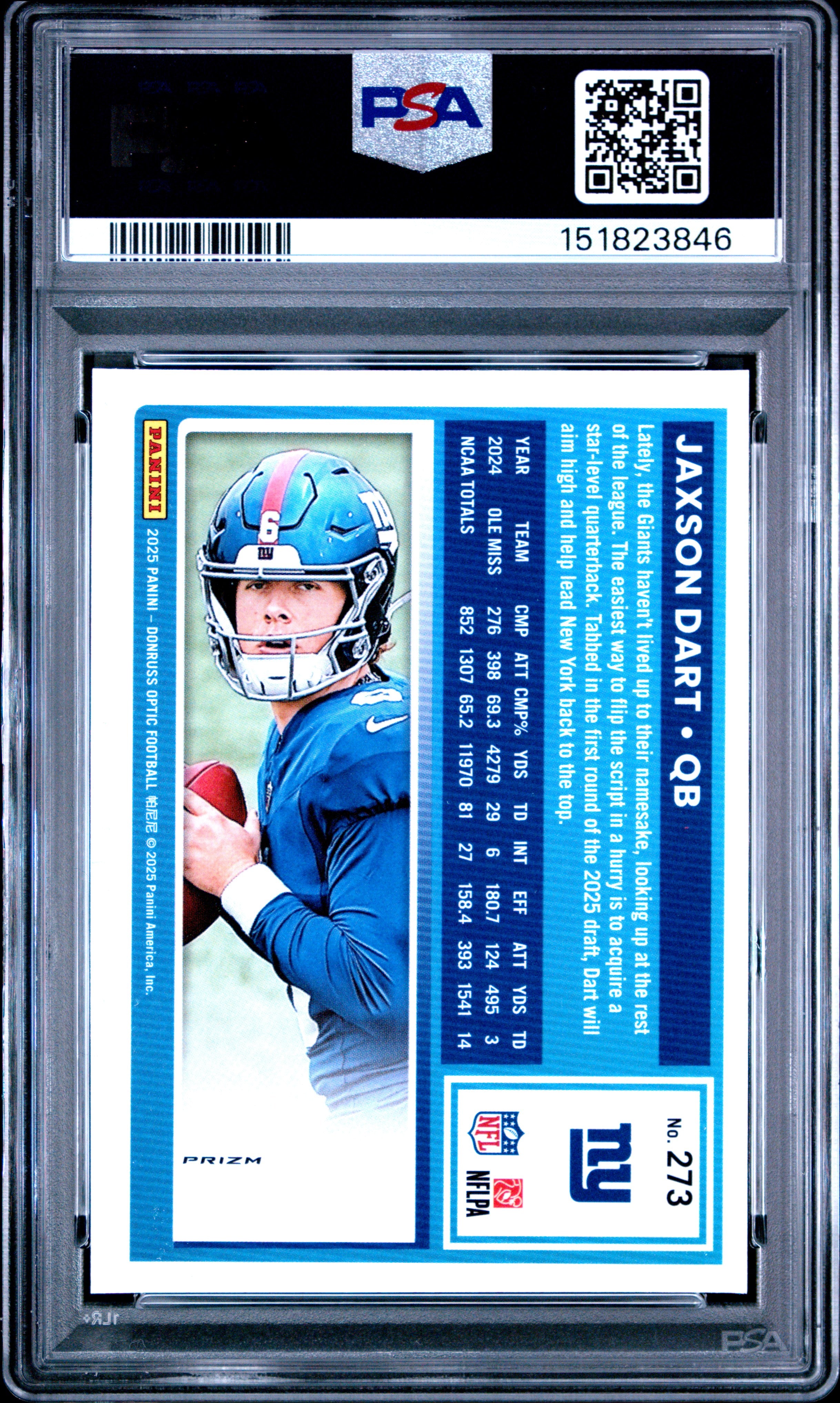 2025 Panini Donruss Optic #273 Jaxson Dart Purple Shock PSA 8