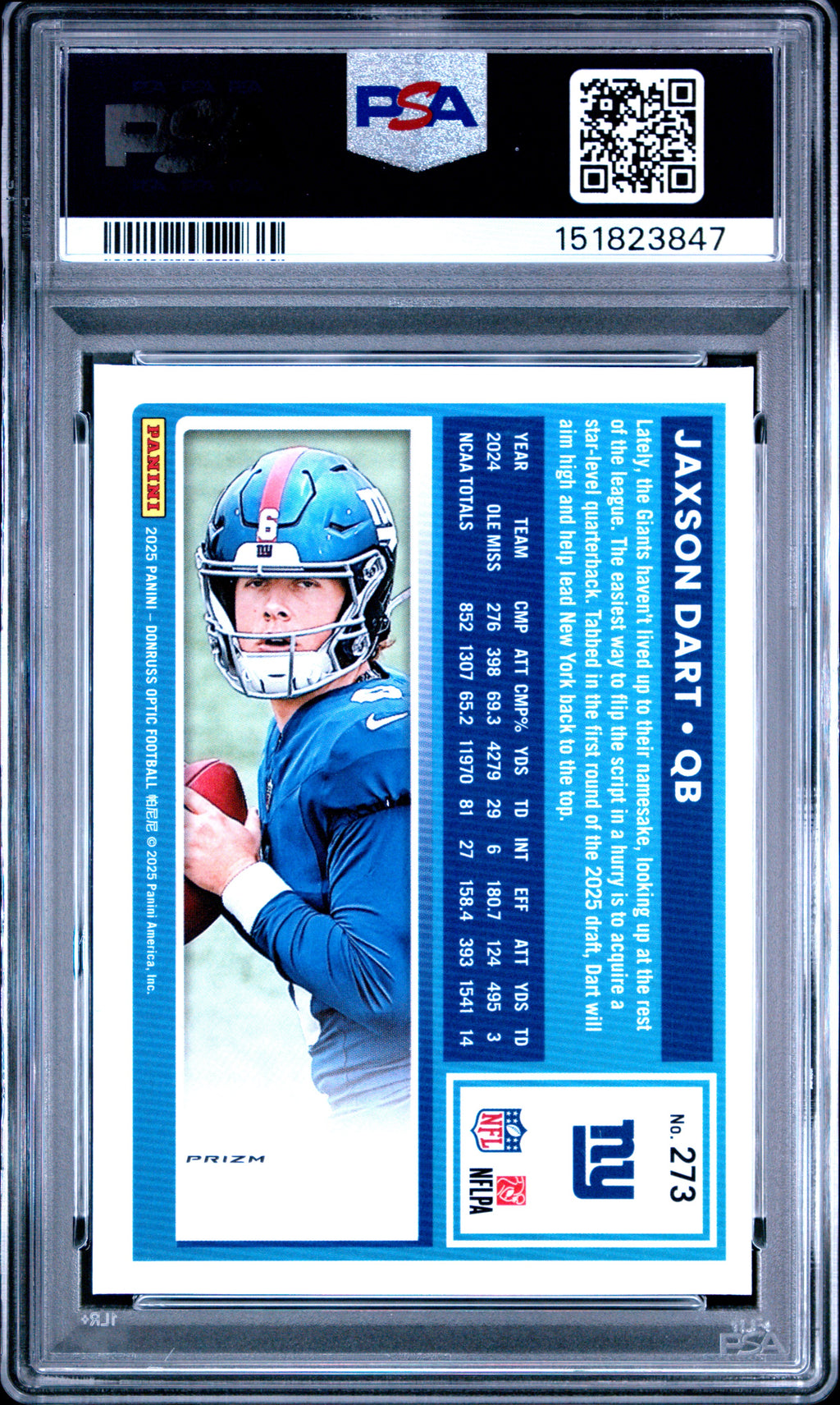 2025 Panini Donruss Optic #273 Jaxson Dart Purple Shock PSA 9