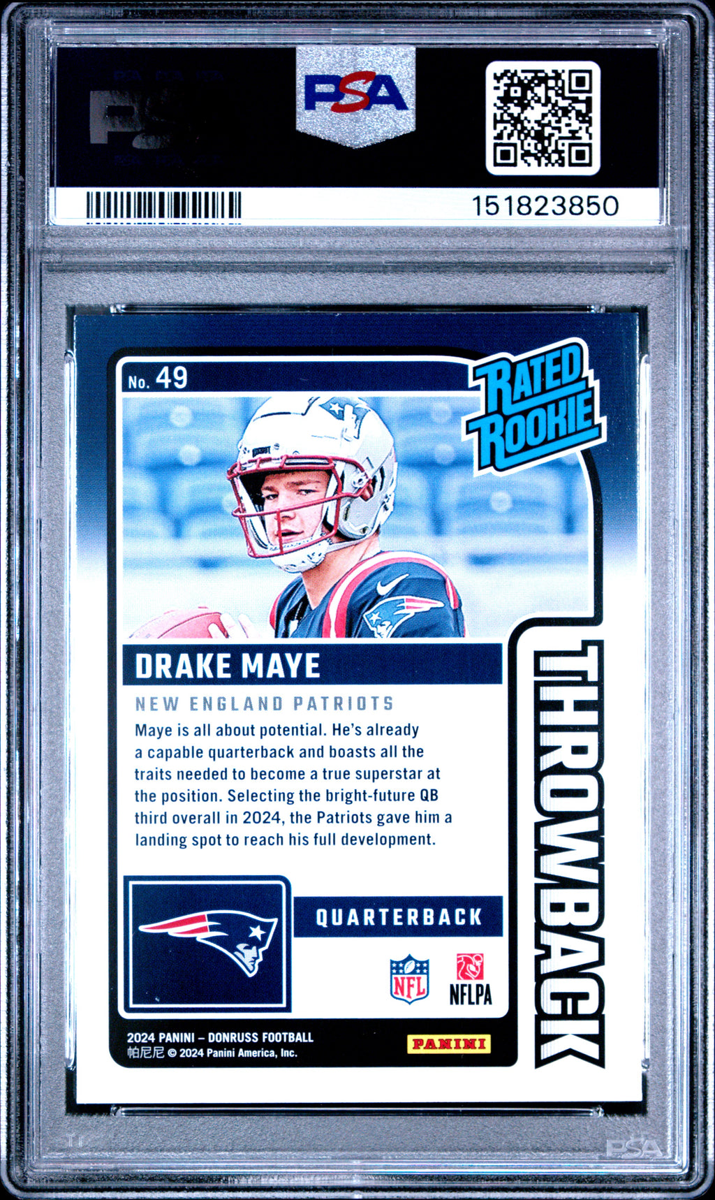2024 Panini Donruss Rated Rookies Throwback #49 Drake Maye PSA 8