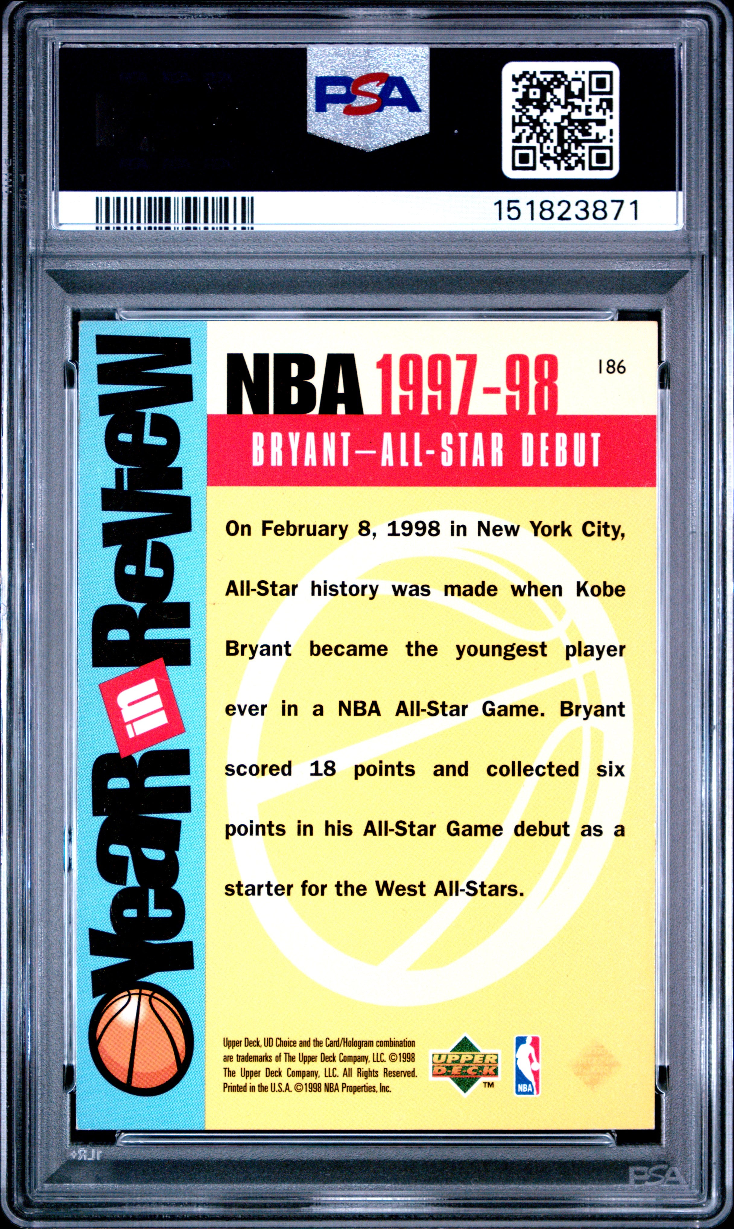 1998 Ud Choice #186 Kobe Bryant PSA 7
