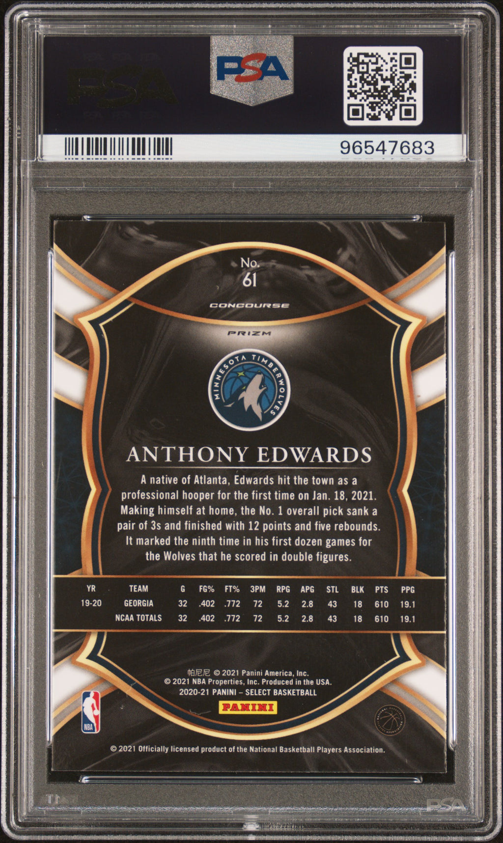 2020 Panini Select #61 Anthony Edwards Disco Prizm PSA 9