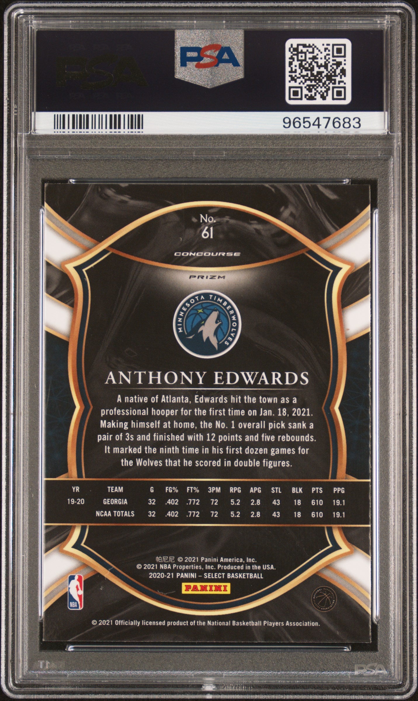 2020 Panini Select #61 Anthony Edwards Disco Prizm PSA 9