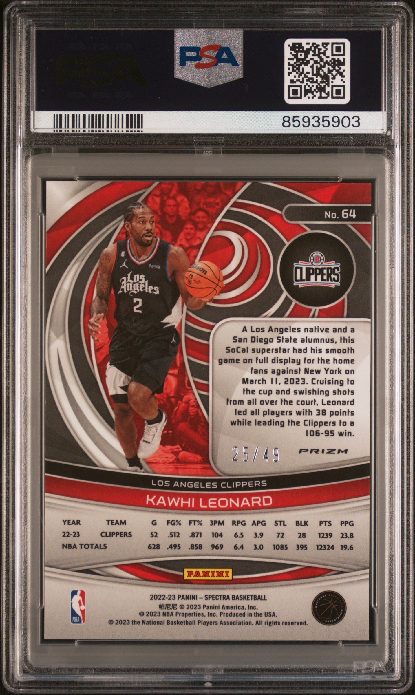 2022 Panini Spectra #64 Kawhi Leonard Astral PSA 9
