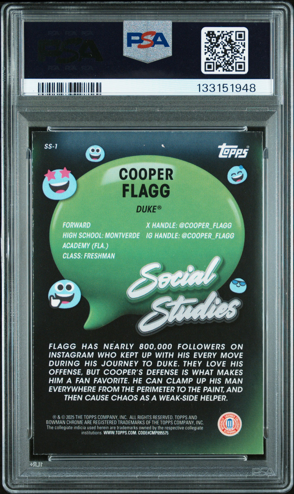 2024 Bowman Chrome #SS1 Cooper Flagg Social Studies-X-Fractor PSA 9