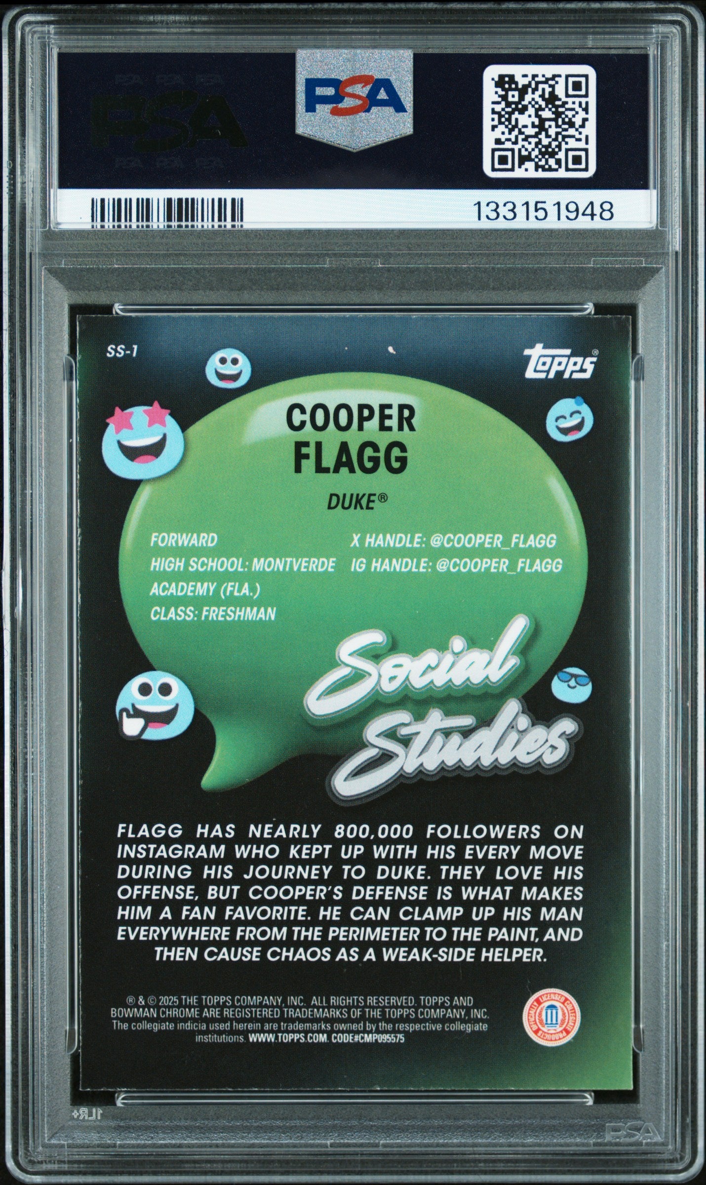 2024 Bowman Chrome #SS1 Cooper Flagg Social Studies-X-Fractor PSA 9