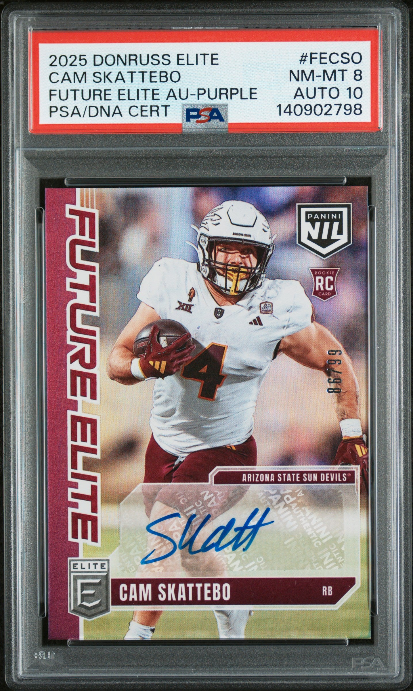 2025 Panini Donruss Elite Future Autographs #FECSO Cam Skattebo Purple PSA 8 /99