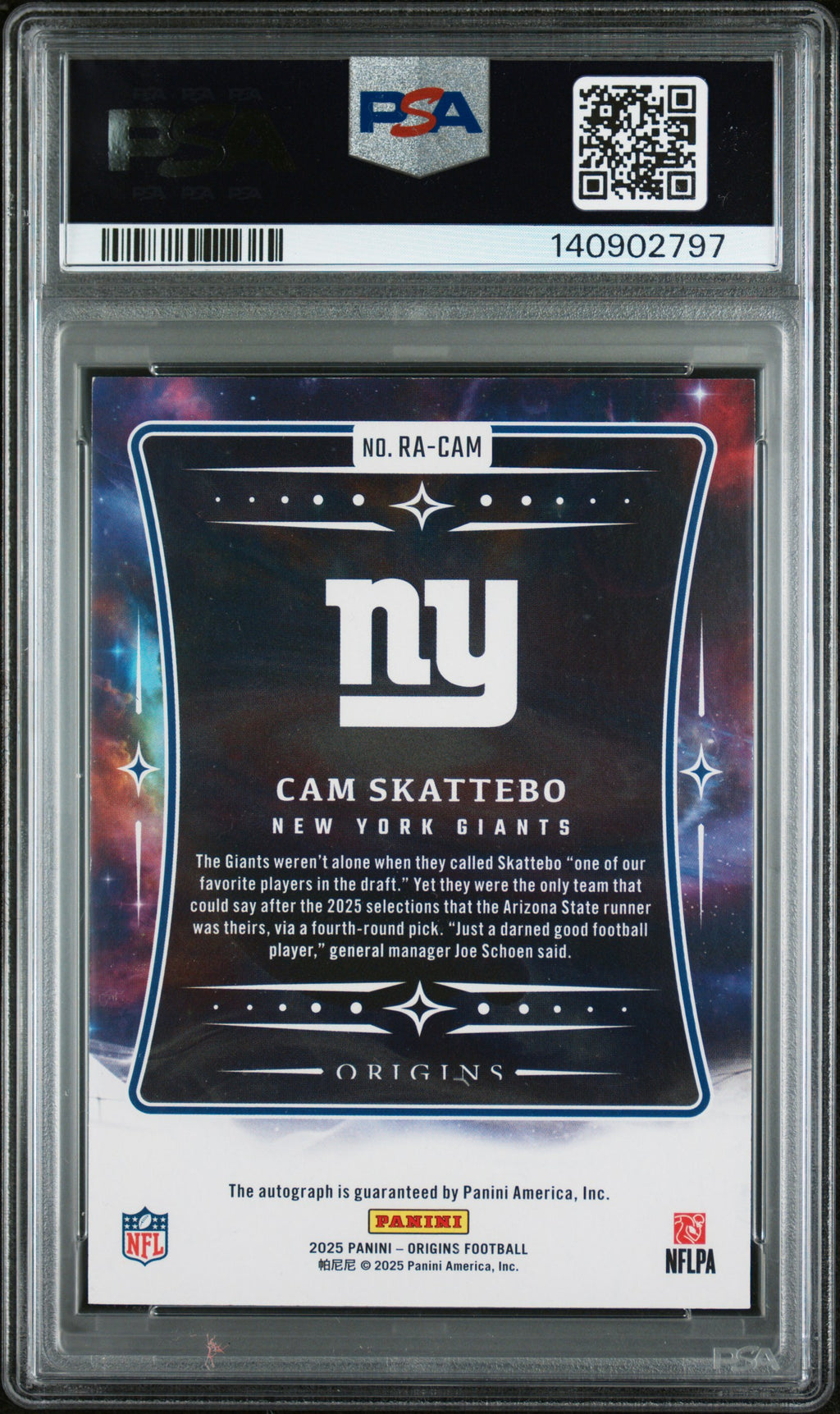 2025 Panini Origins Rookie Autographs #RA-CAM Cam Skattebo PSA 8