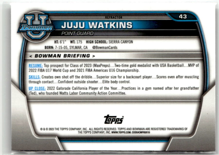 2022-23 Bowman University Chrome #43 JuJu Watkins Refractor TAG 9