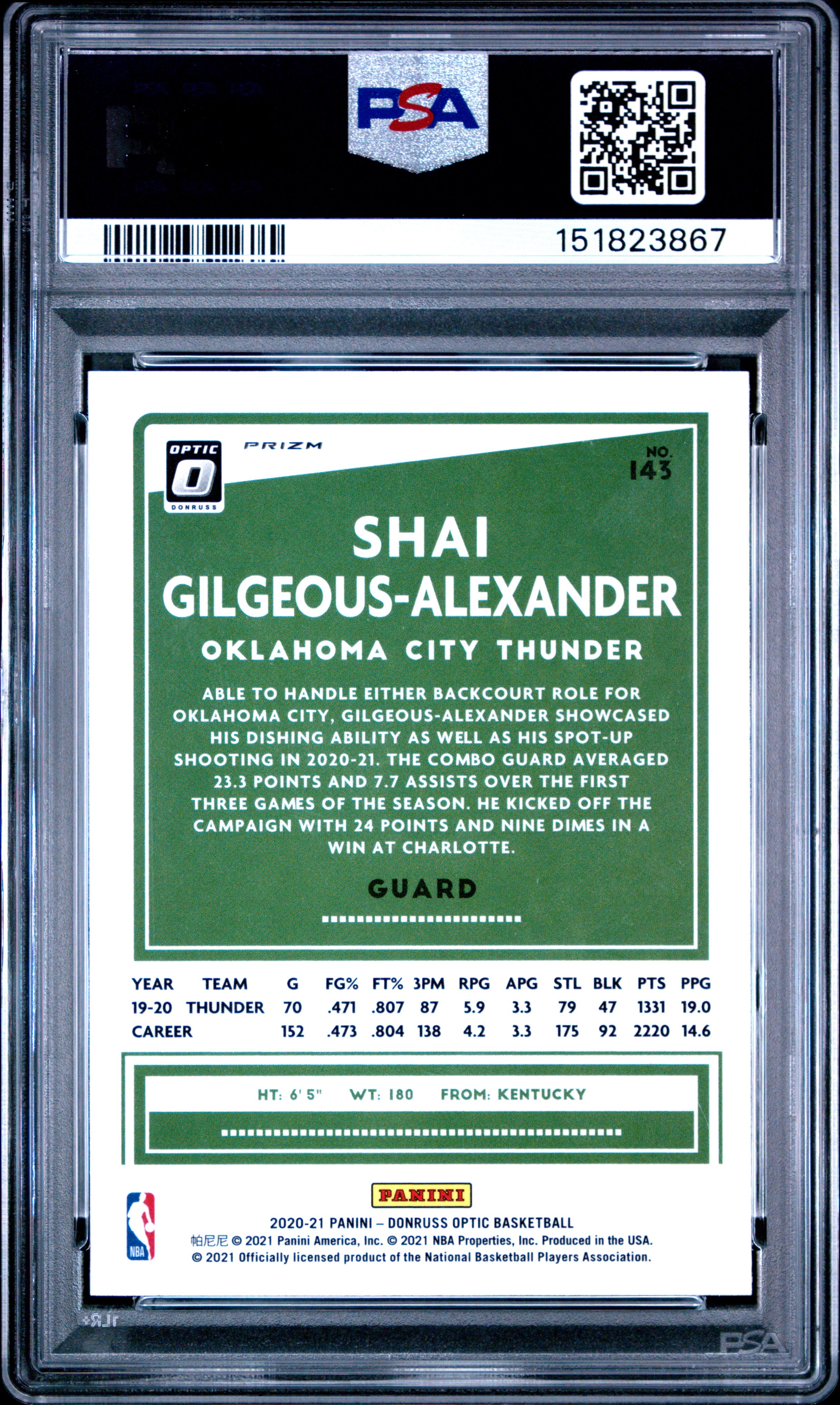 2020 Panini Donruss Optic #143 S.Gilgeous-Alexander Blue Velocity PSA 10