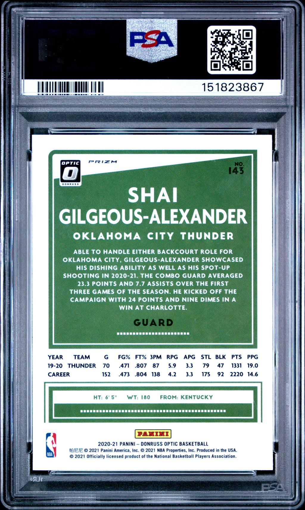 2020 Panini Donruss Optic #143 S.Gilgeous-Alexander Blue Velocity PSA 10