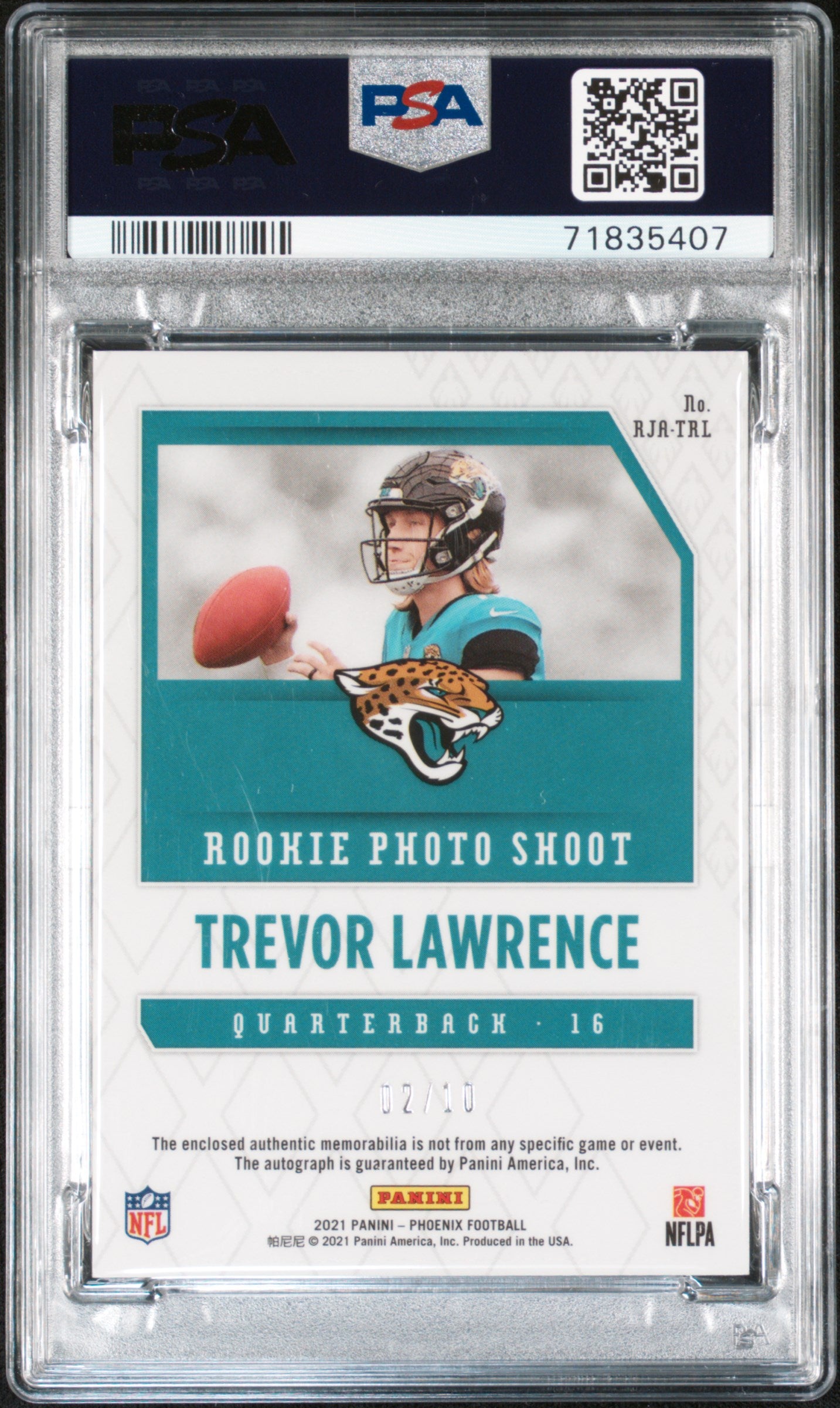 2021 Panini Phoenix Rookie Auto Jersey #TRL Trevor Lawrence Prime Blue PSA 9