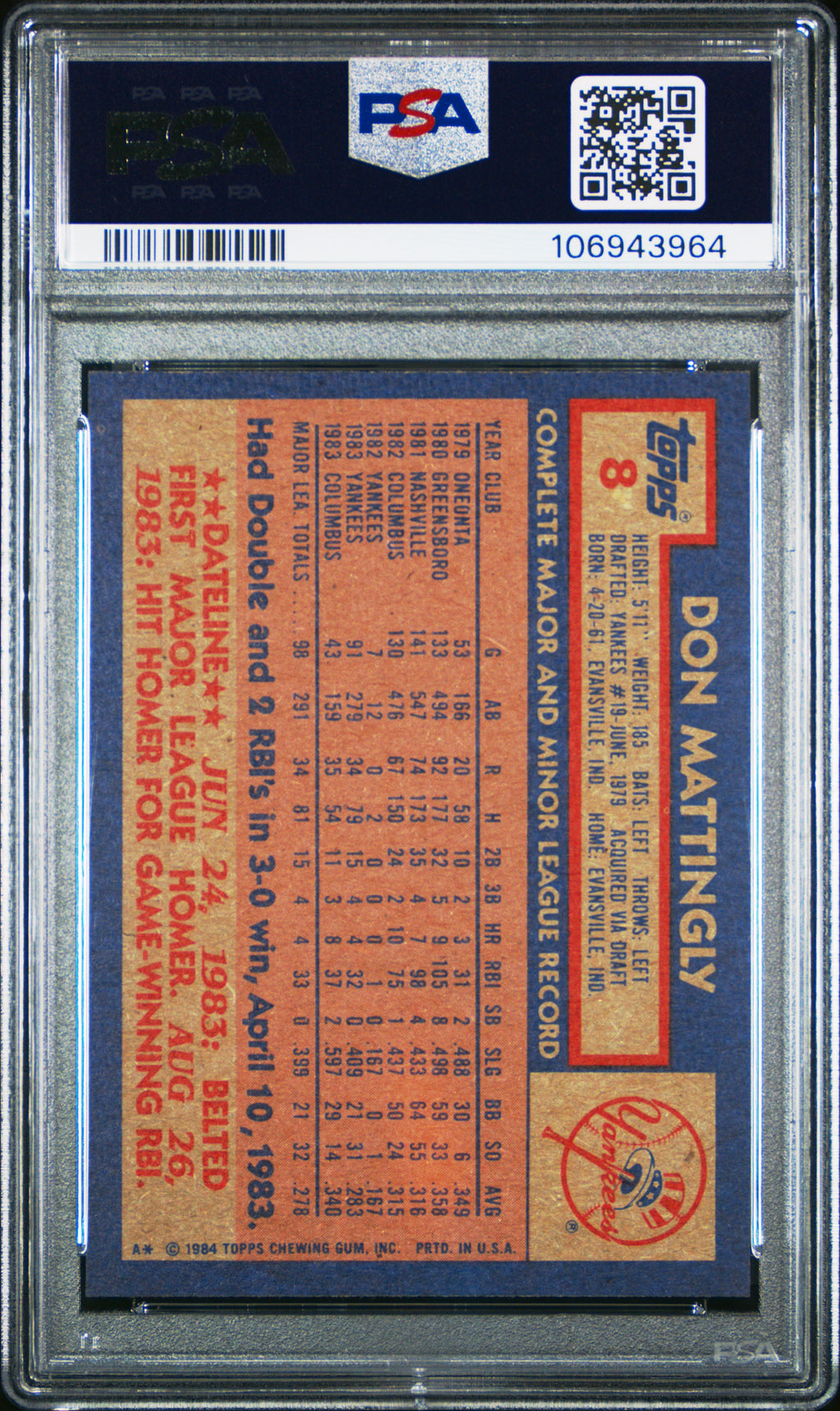 1984 Topps #8 Don Mattingly PSA 10
