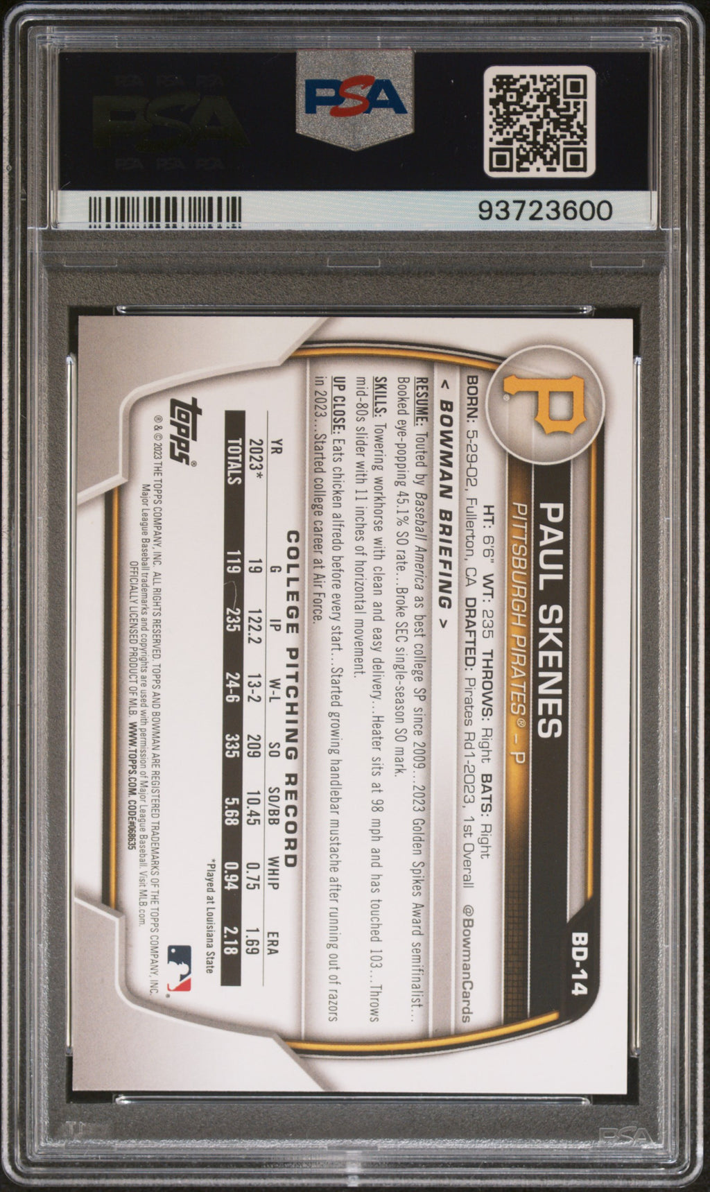 2023 Bowman Draft #BD14 Paul Skenes PSA 10