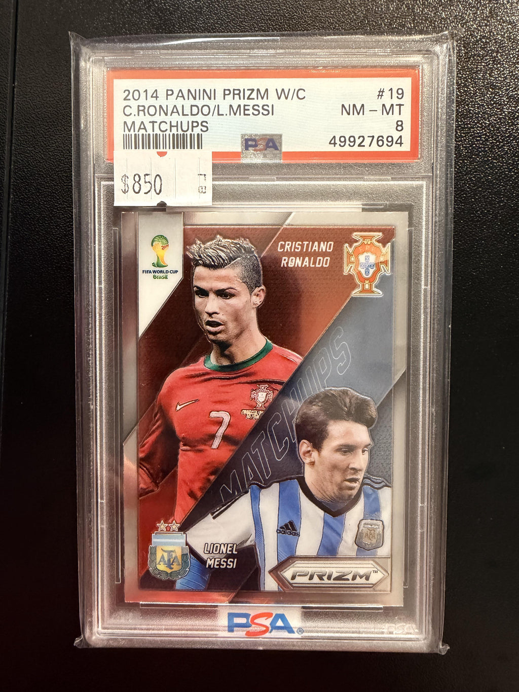 2014 Panini Prizm World Cup Matchups #19 C.Ronaldo/L.Messi Matchups PSA 8