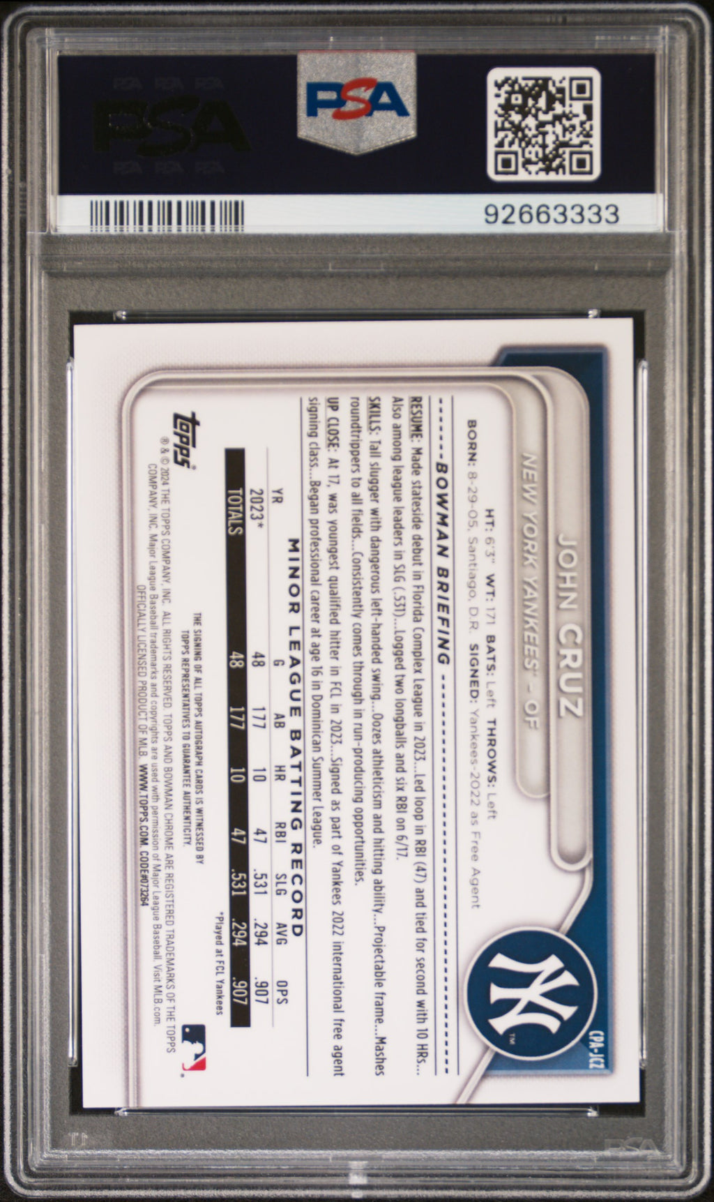 2024 Bowman Chrome Prospect Autographs #CPAJCZ John Cruz PSA 10