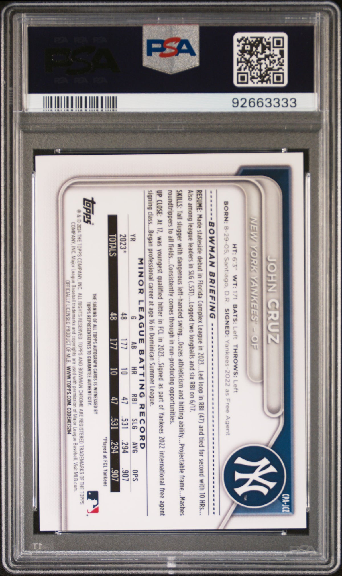 2024 Bowman Chrome Prospect Autographs #CPAJCZ John Cruz PSA 10