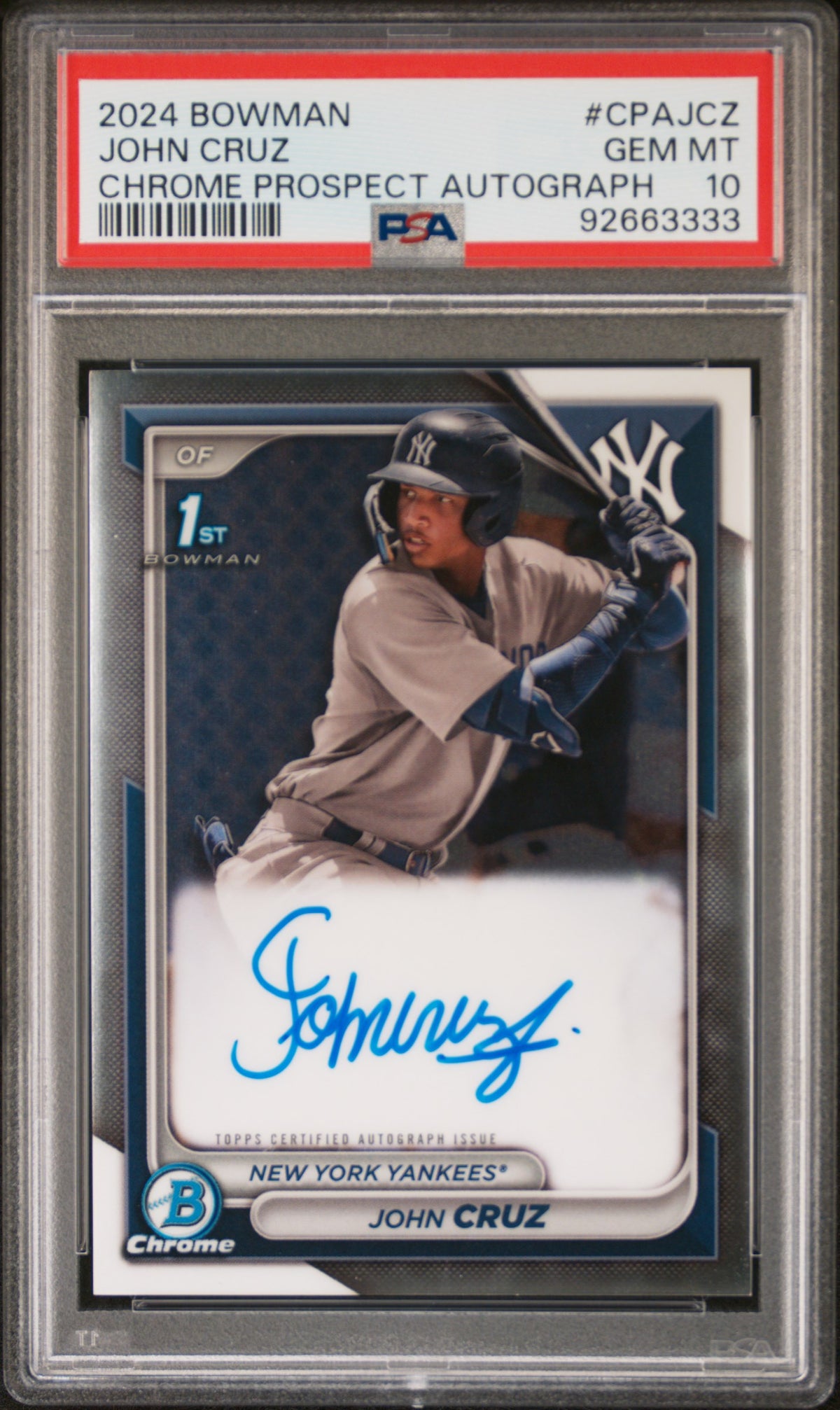 2024 Bowman Chrome Prospect Autographs #CPAJCZ John Cruz PSA 10